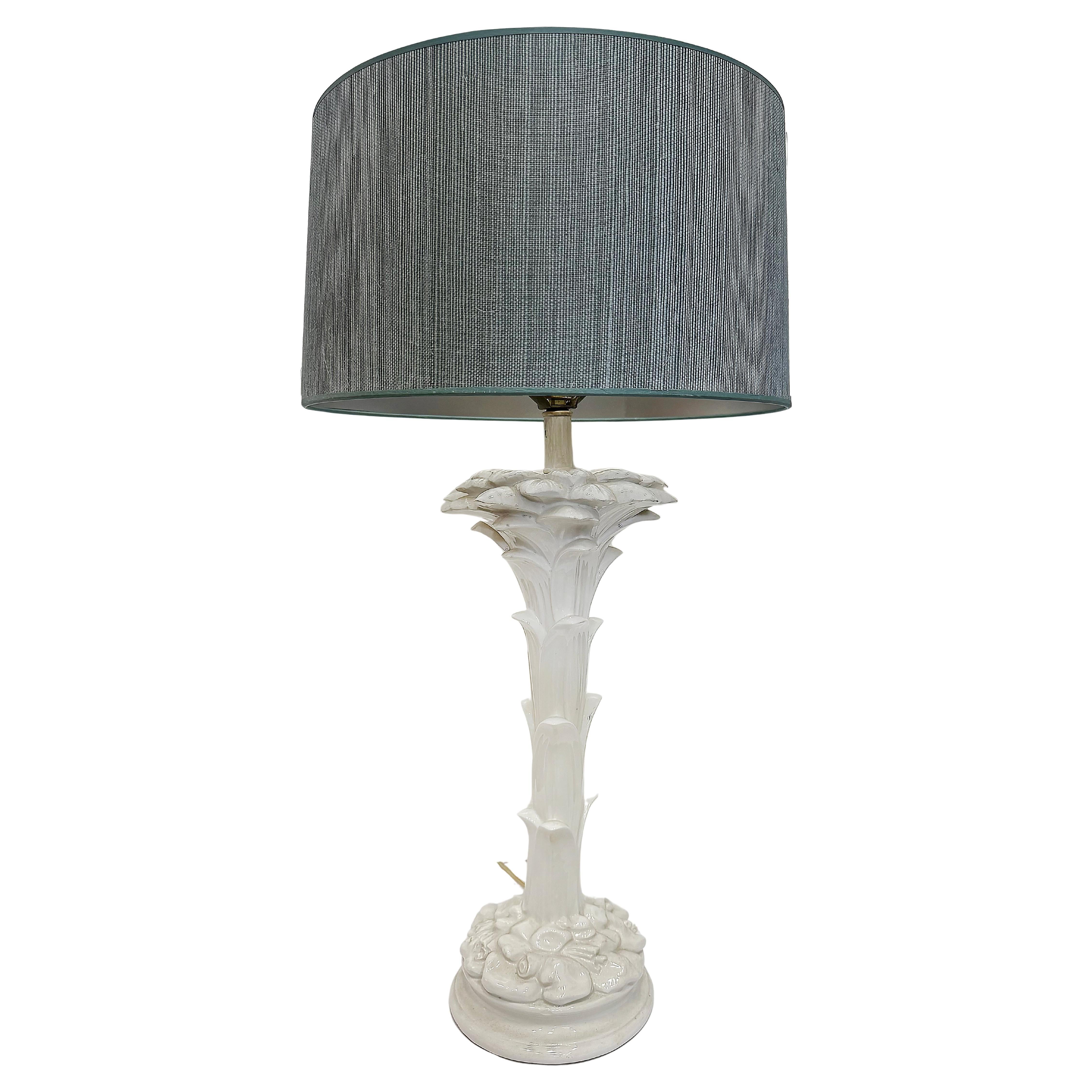 Hollywood Regency Serge Roche Style Palm Fronds Lamp In Ceramic with Shade