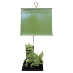1940s Chinoiserie Celadon Porcelain Foo Dog Lamp, Custom Shade