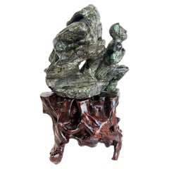 Asian Carved Figurative Precious Stone Sculpture on Root Stand