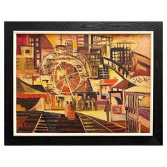 Urban Mid-century Modernism Abstract Cubist Cityscape Painting, Oil on Canvas