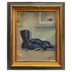 1963 Oil Painting on Board of a pair of Boots Signed Unger