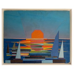 Vintage Mixed Media Abstract Sailboat Collage On Board, Newly Framed