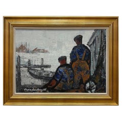 Mid-century Oil Painting by Danish Artist Anker Landberg, titled "Fishermen"