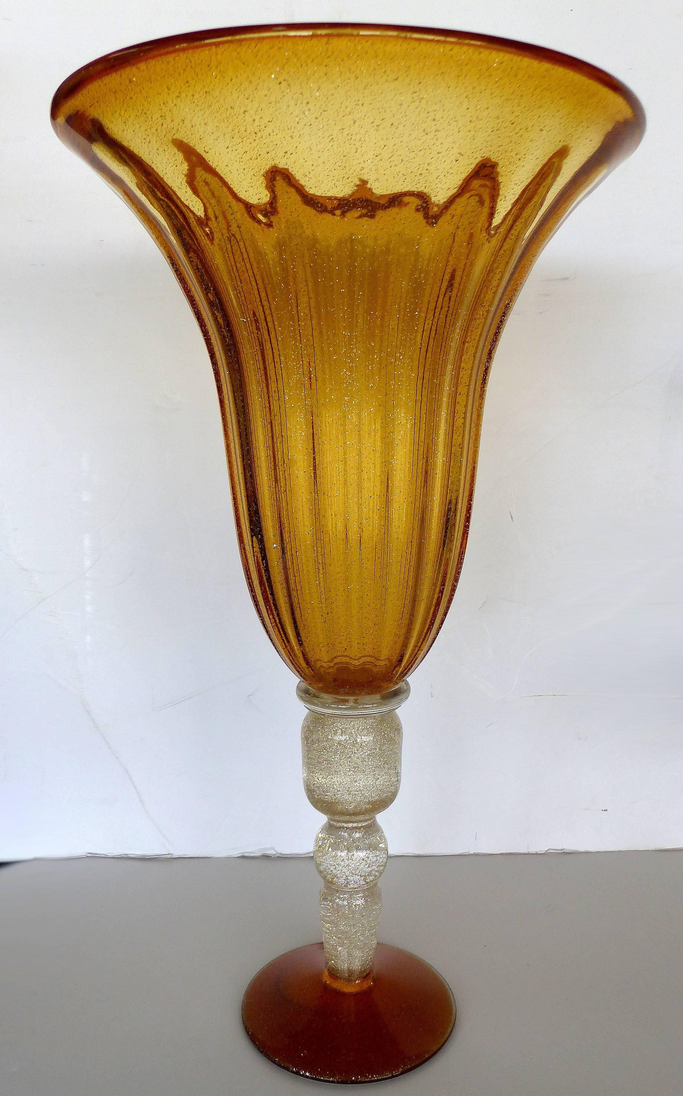 Monumental Pair of Blown Murano Glass Urns with Infused Gold Flakes 1