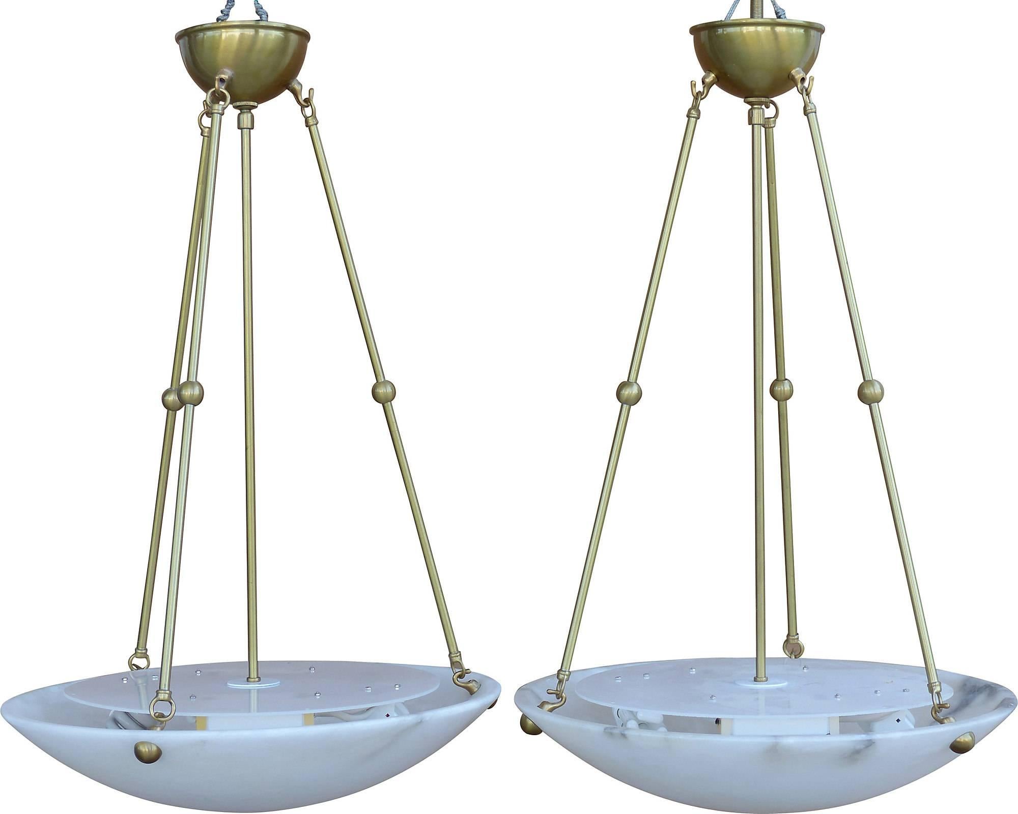 Pair of Dome Alabaster and Brass Chandeliers by Nessen, 20th Century 1