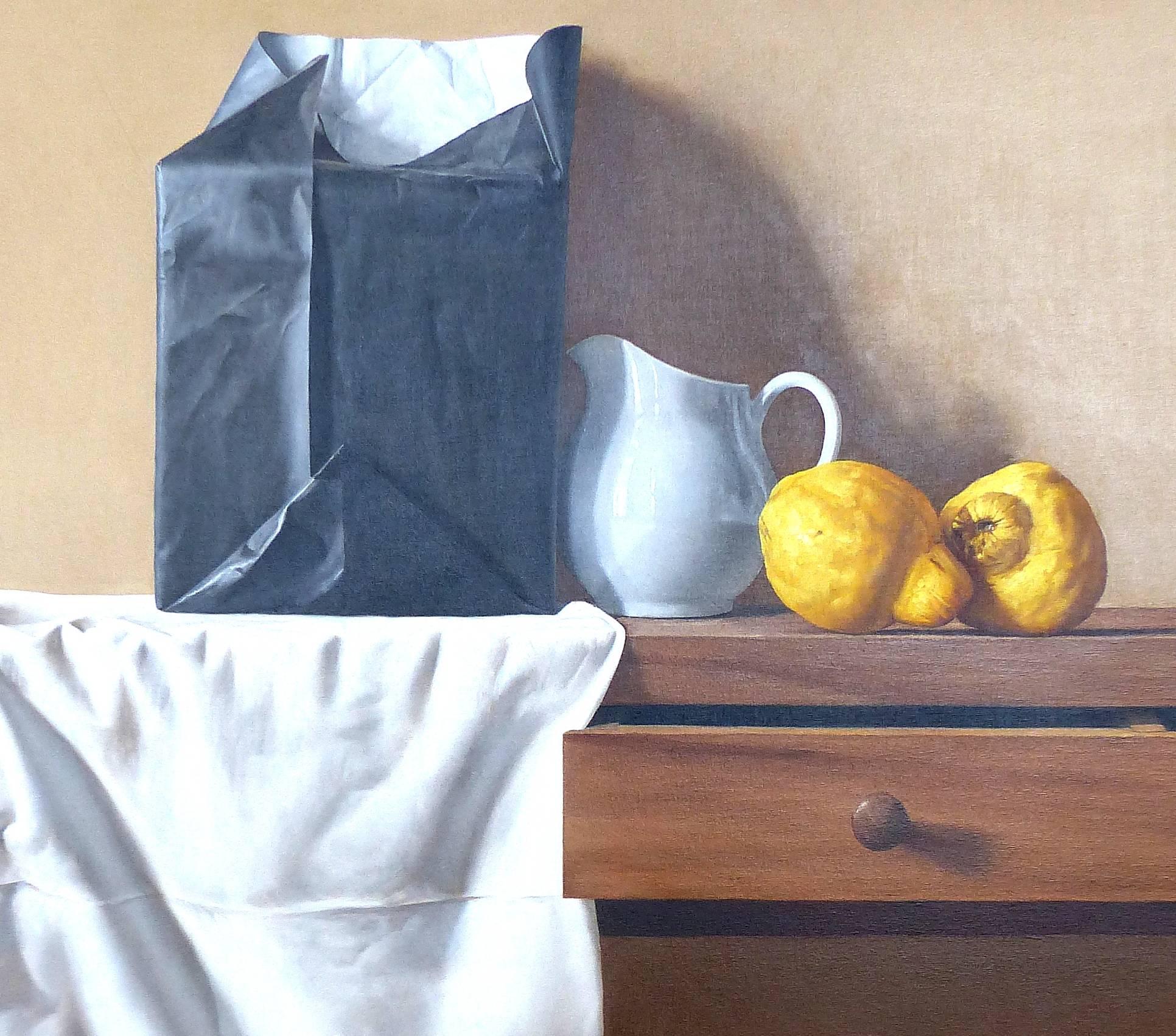 A well-executed oil on canvas by noted Argentine artist Fernando O'Connor signed lower right and on verso and dated '03. A still life depicting a table with draped white table cloth, black package with crinkled paper, and a pitcher and vegetables.