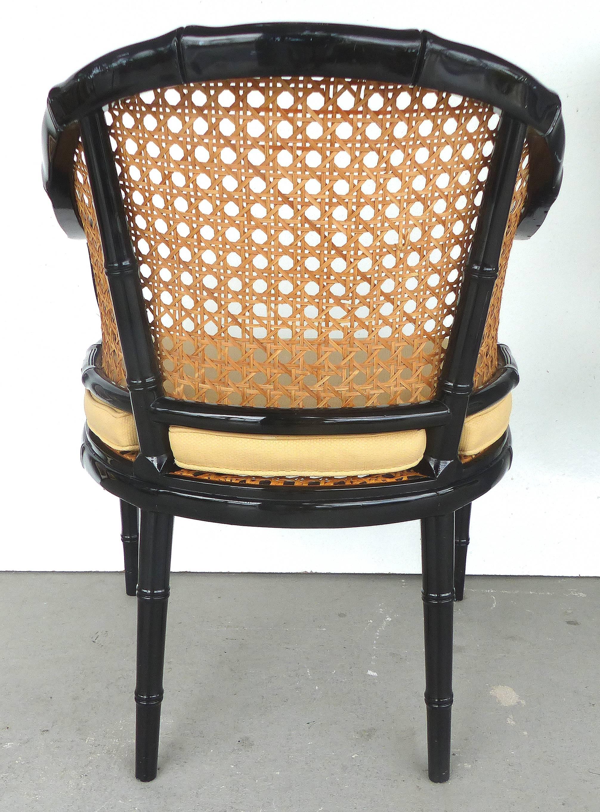 American Vintage Pair of Lacquered Faux-Bamboo and Cane Chairs