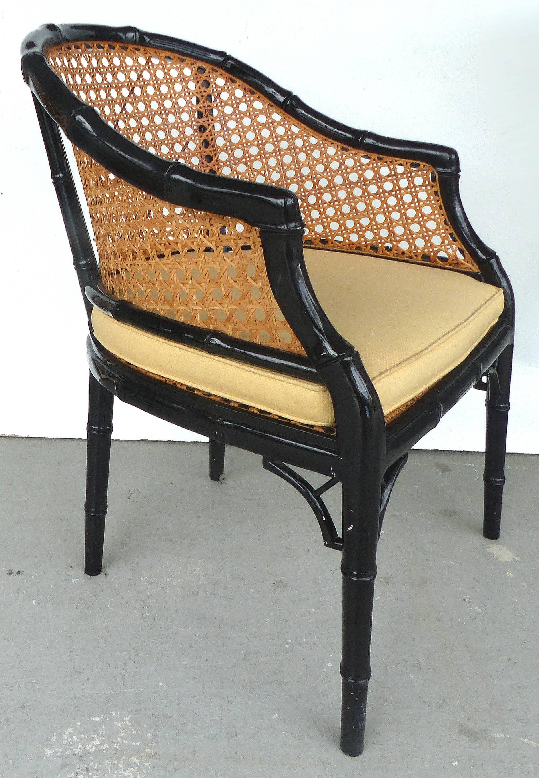 Caning Vintage Pair of Lacquered Faux-Bamboo and Cane Chairs
