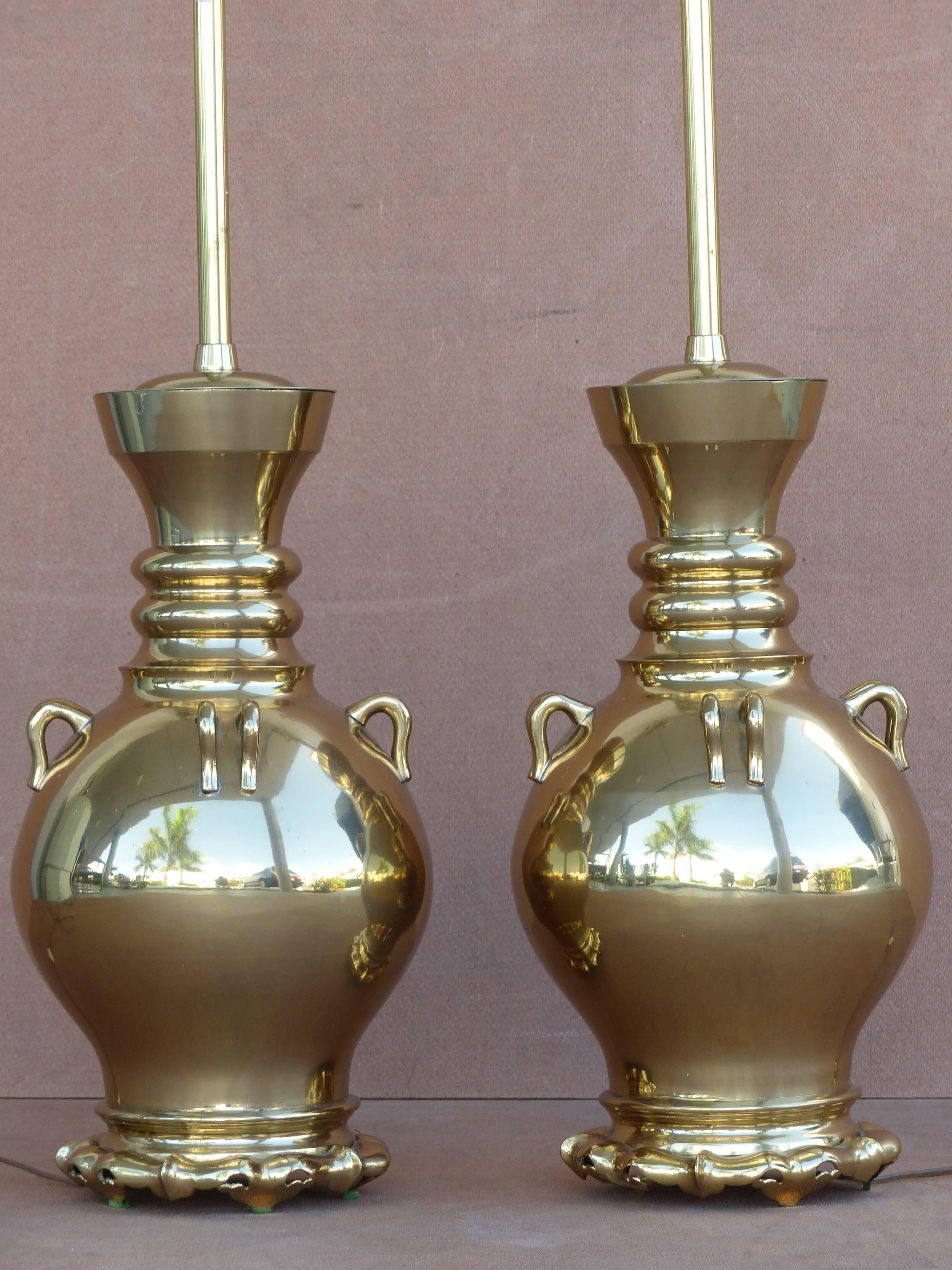 American Mid-Century Modern Marbro Brass Vessel Form Table Lamps