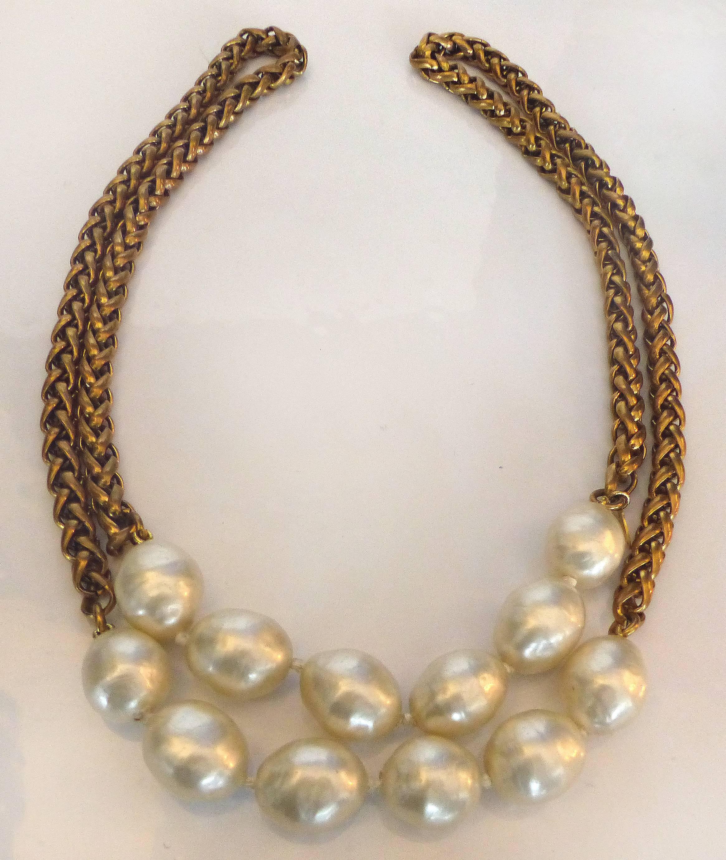 French Vintage Chanel Gold-Tone Necklace with Faux Pearls, 1984