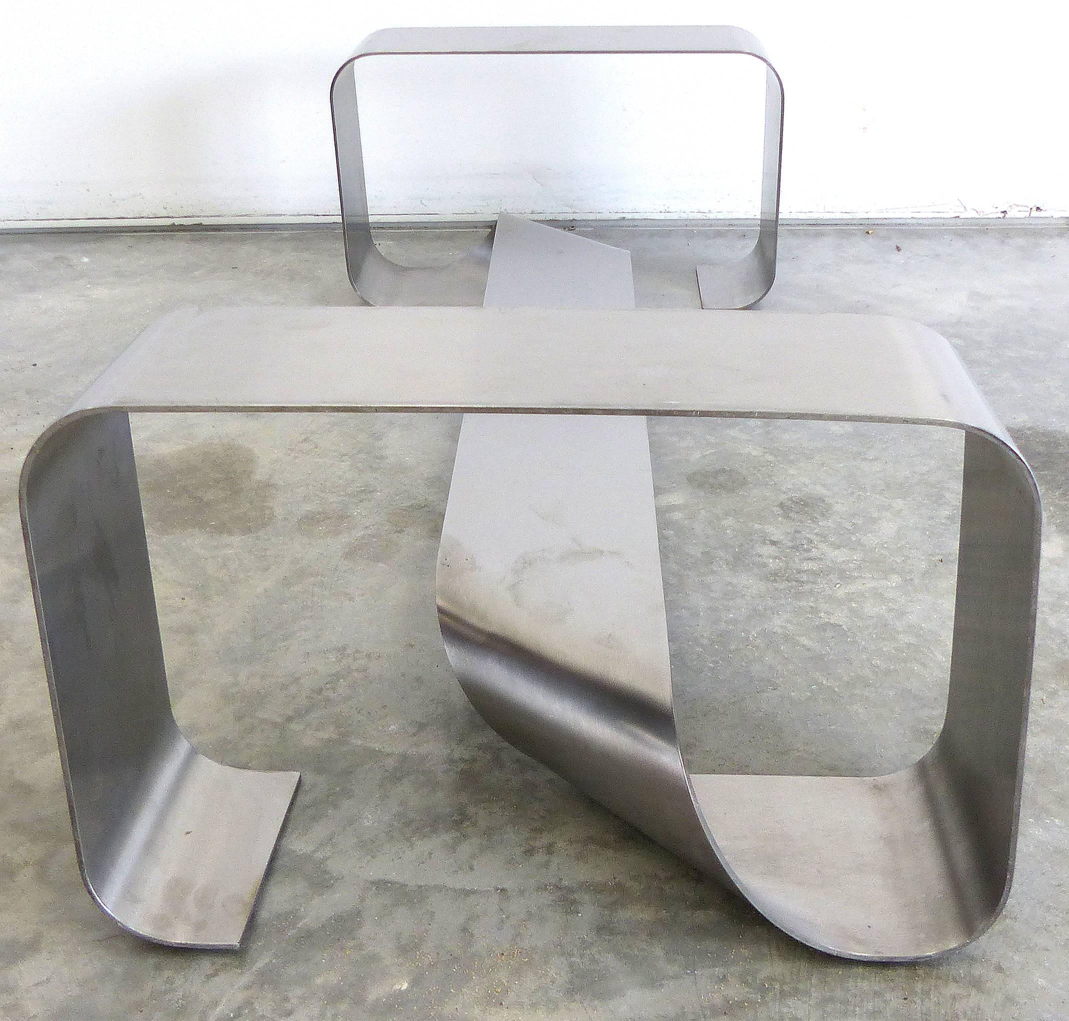 20th Century Mid-Century Stainless Steel Ribbon Coffee Table Attributed to Michel Boyer