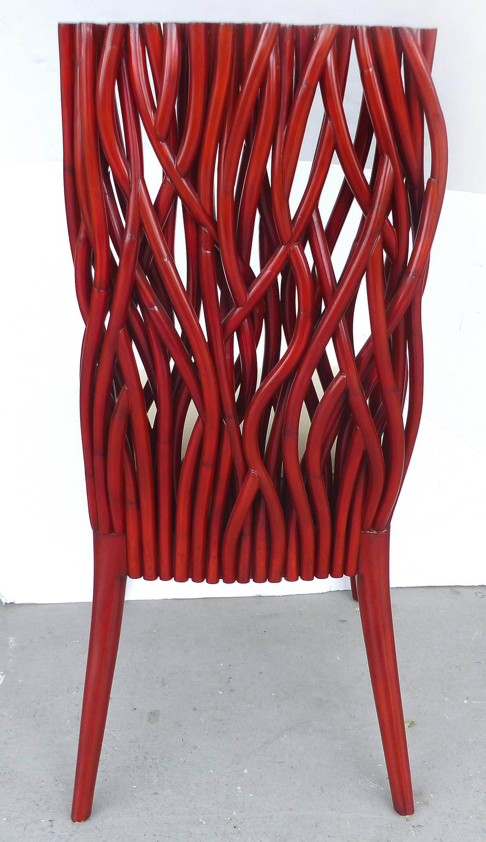 20th Century Red Bent Rattan and Mahogany Chairs, Pair 1