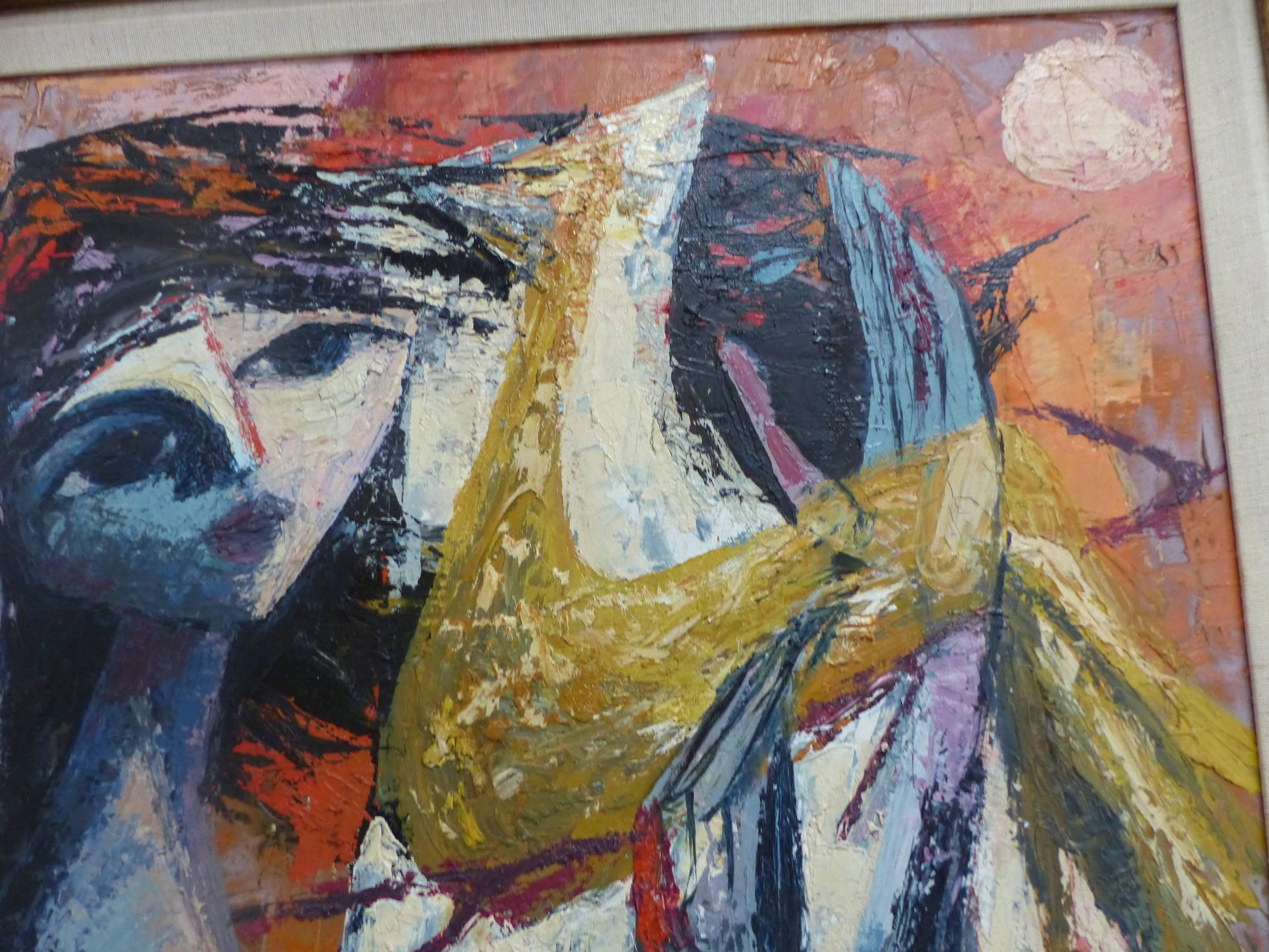 A striking French Mid-Century Modern palette knife oil painting on linen with light impasto textures.The abstract subject of a woman holding a bird is colored in rich warm hues. Elegantly displayed in a gilt-gesso frame with a linen liner. Unsigned