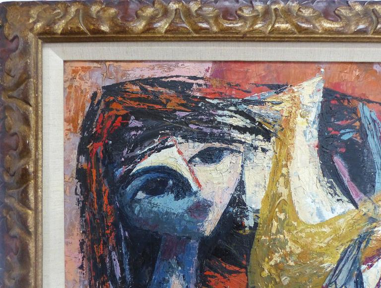 MidCentury Modern French Abstract Bird Lady Painting at