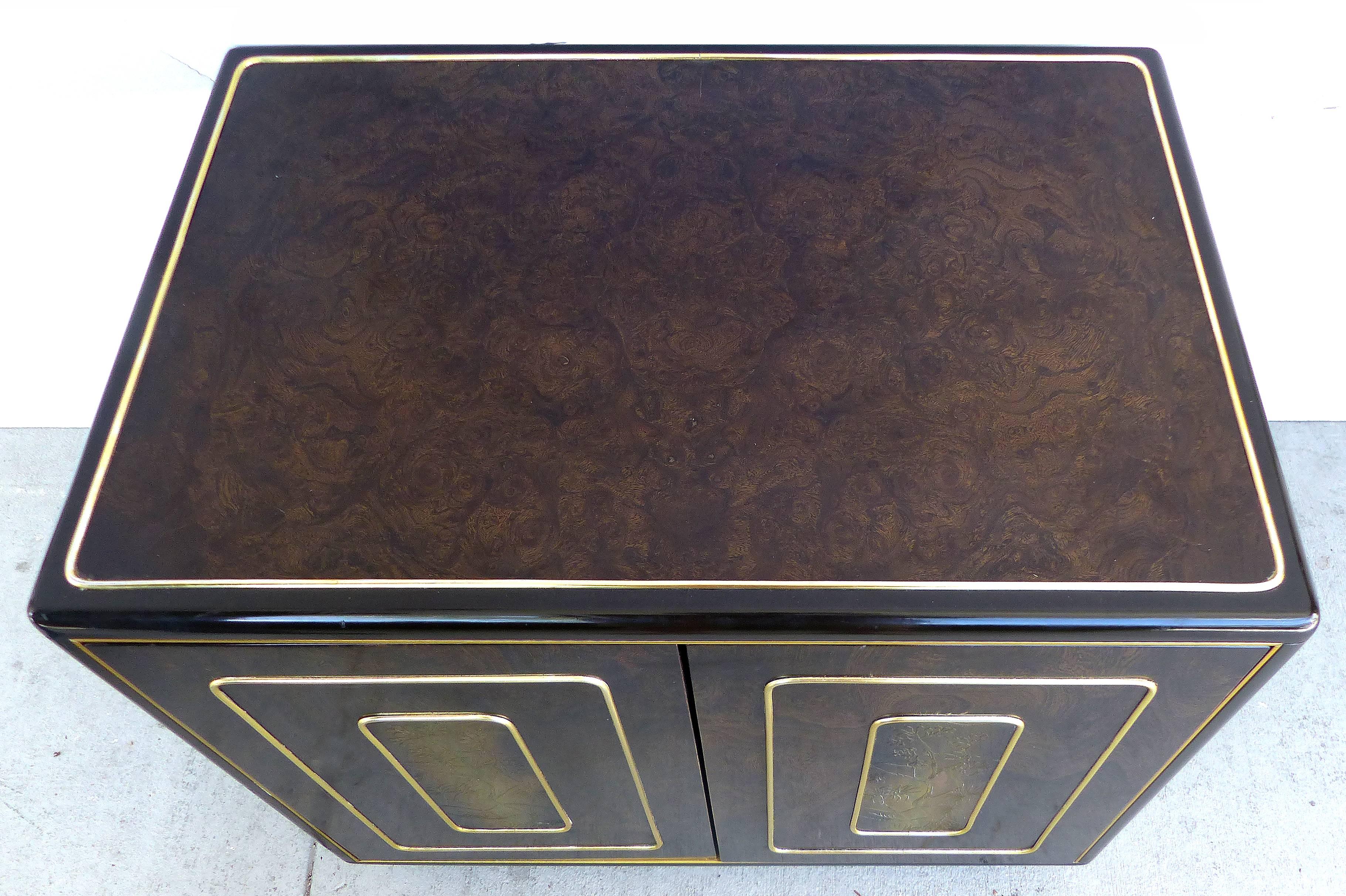 American Mid-Century Modern Romweber Nightstands with Burl Wood and Brass