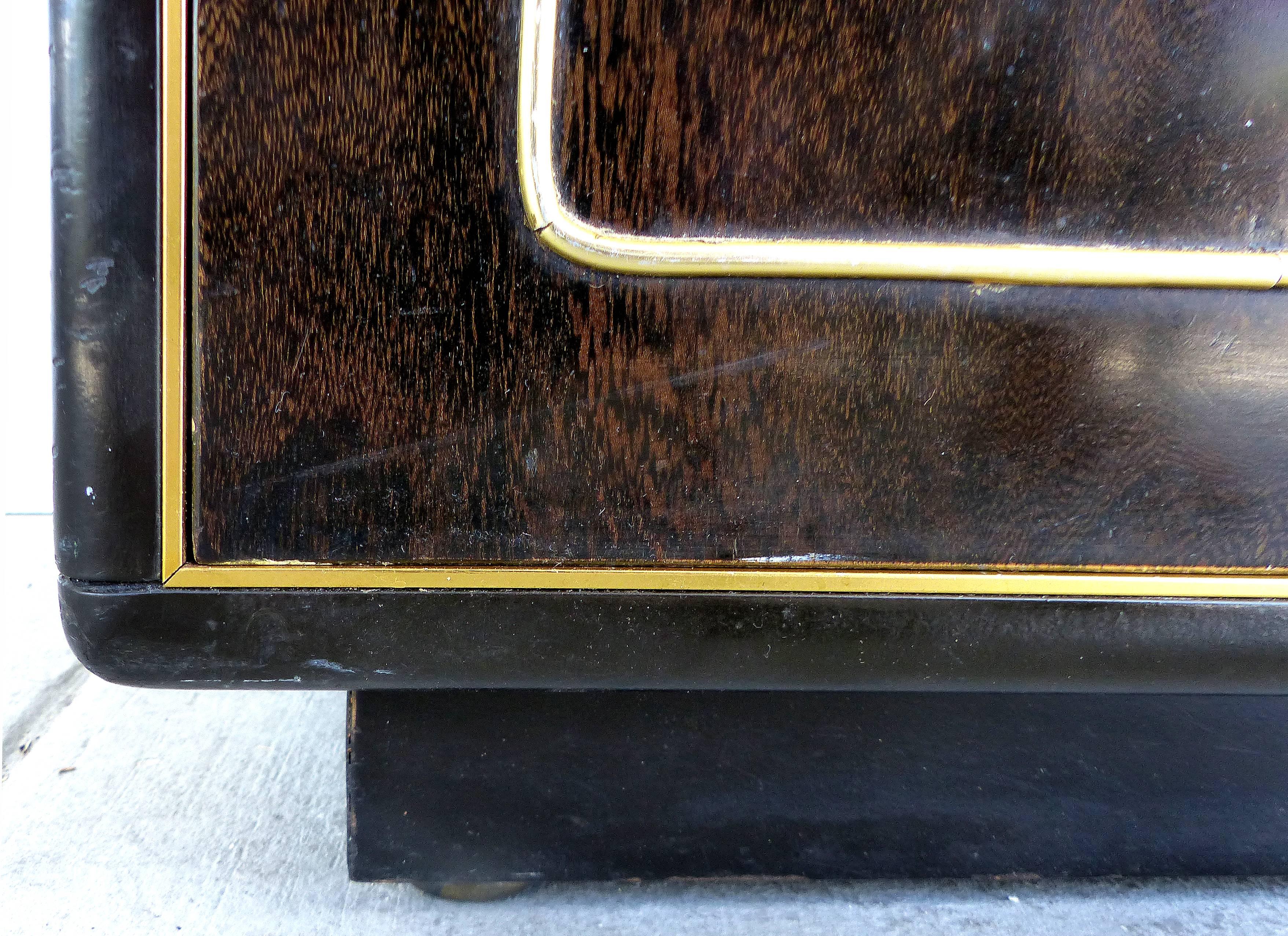 Mid-Century Modern Romweber Nightstands with Burl Wood and Brass 3