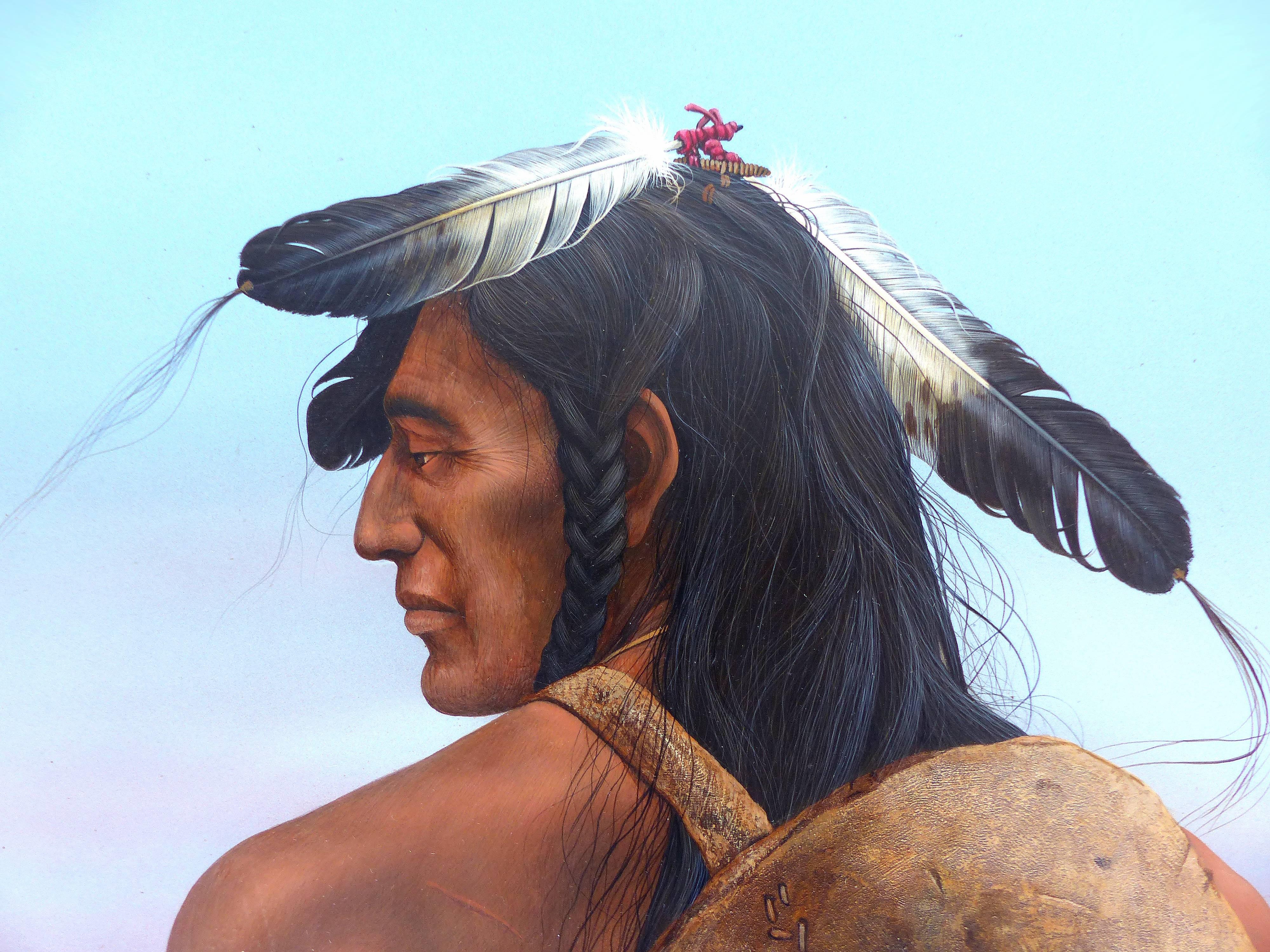
A superb hyper-realism oil painting of two American Indians by Ron Owens, a well-known western and wildlife artist from Oklahoma City,. This work is painted with crisp photo-like detail. Signed Ron Owens lower right and dated 1982 with the