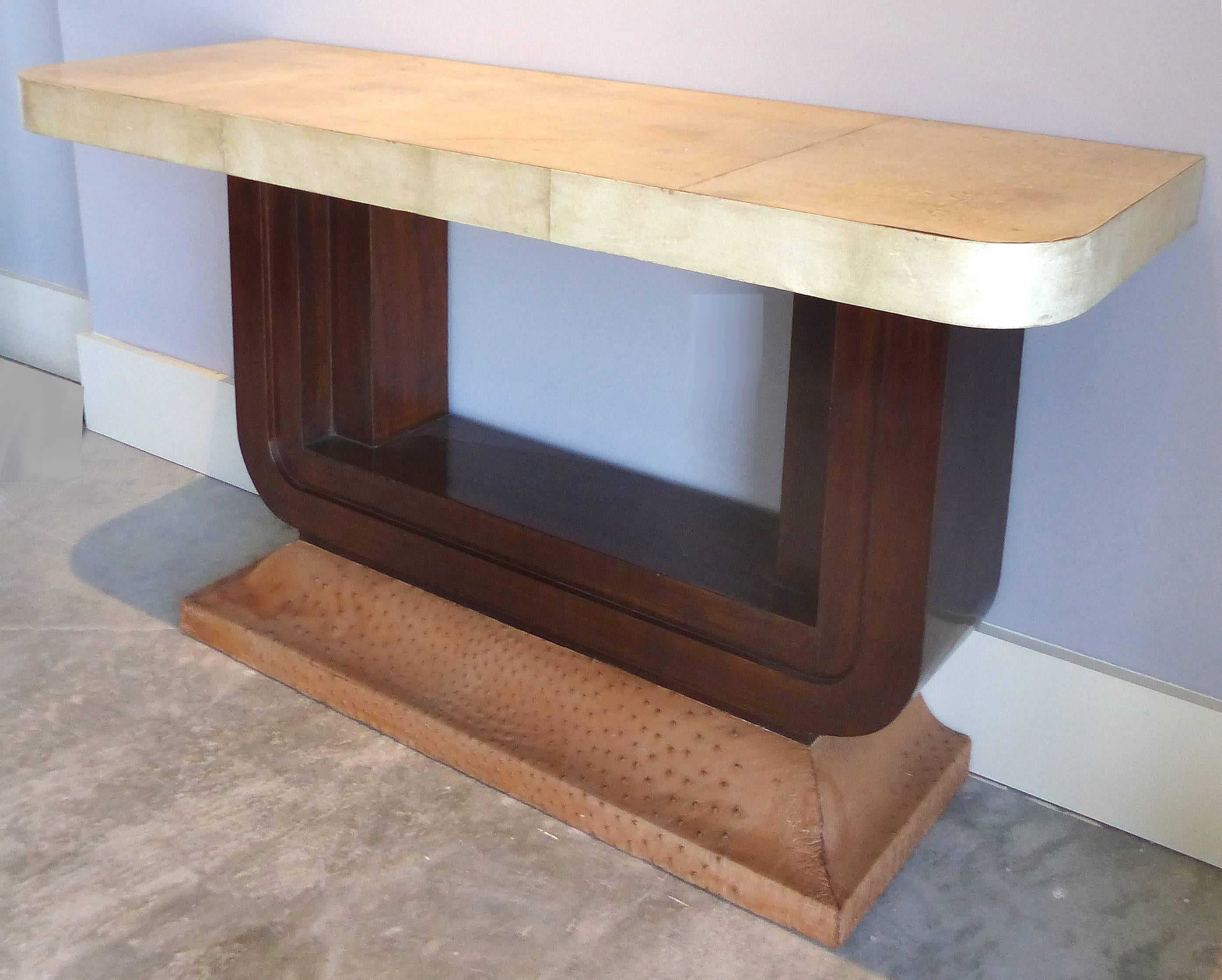 Brazilian Art Deco Goatskin and Ostrich Skin Clad Console Tables, Pair