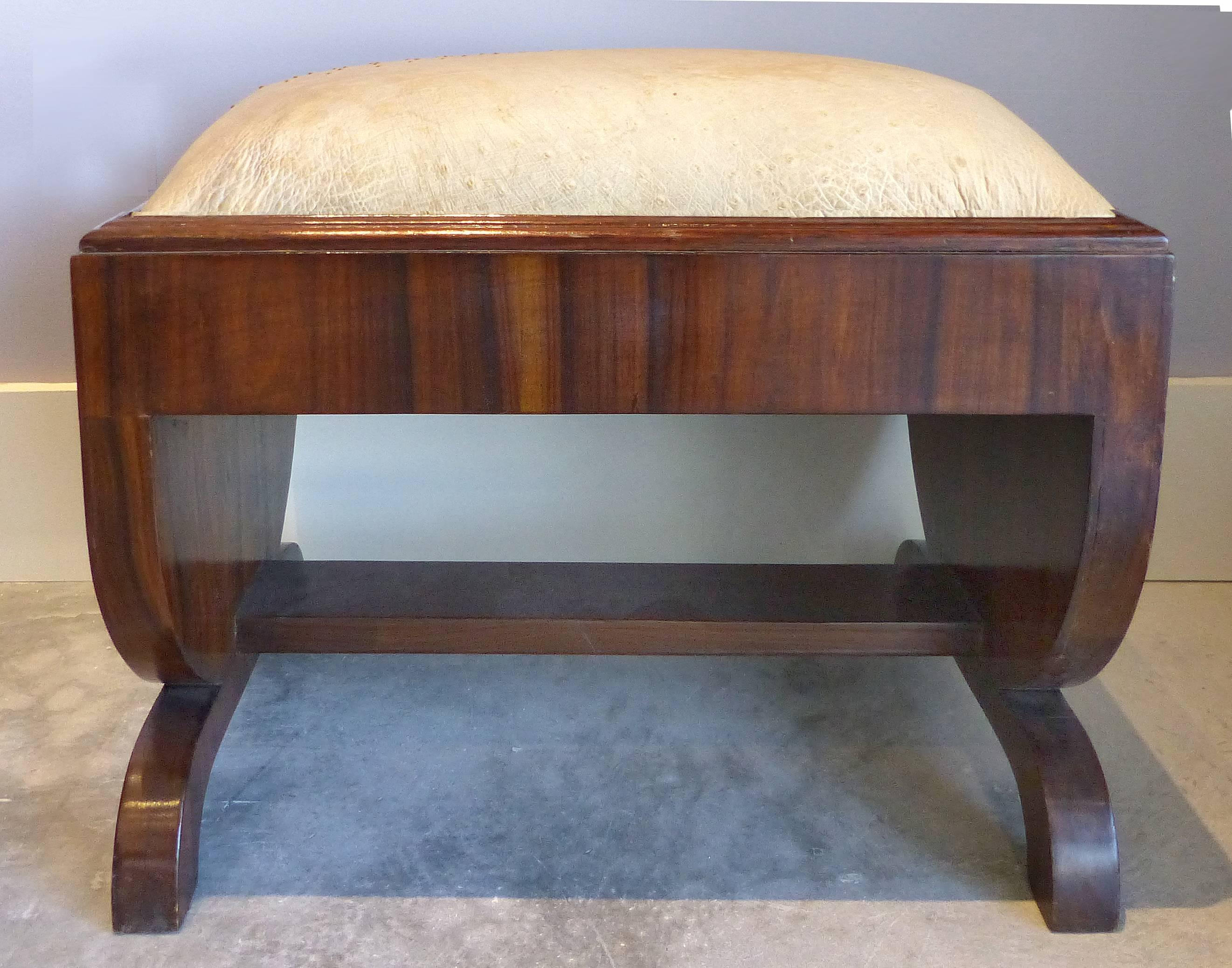Art Deco Mahogany Footstools with Ostrich Skin Upholstery In Excellent Condition In Miami, FL