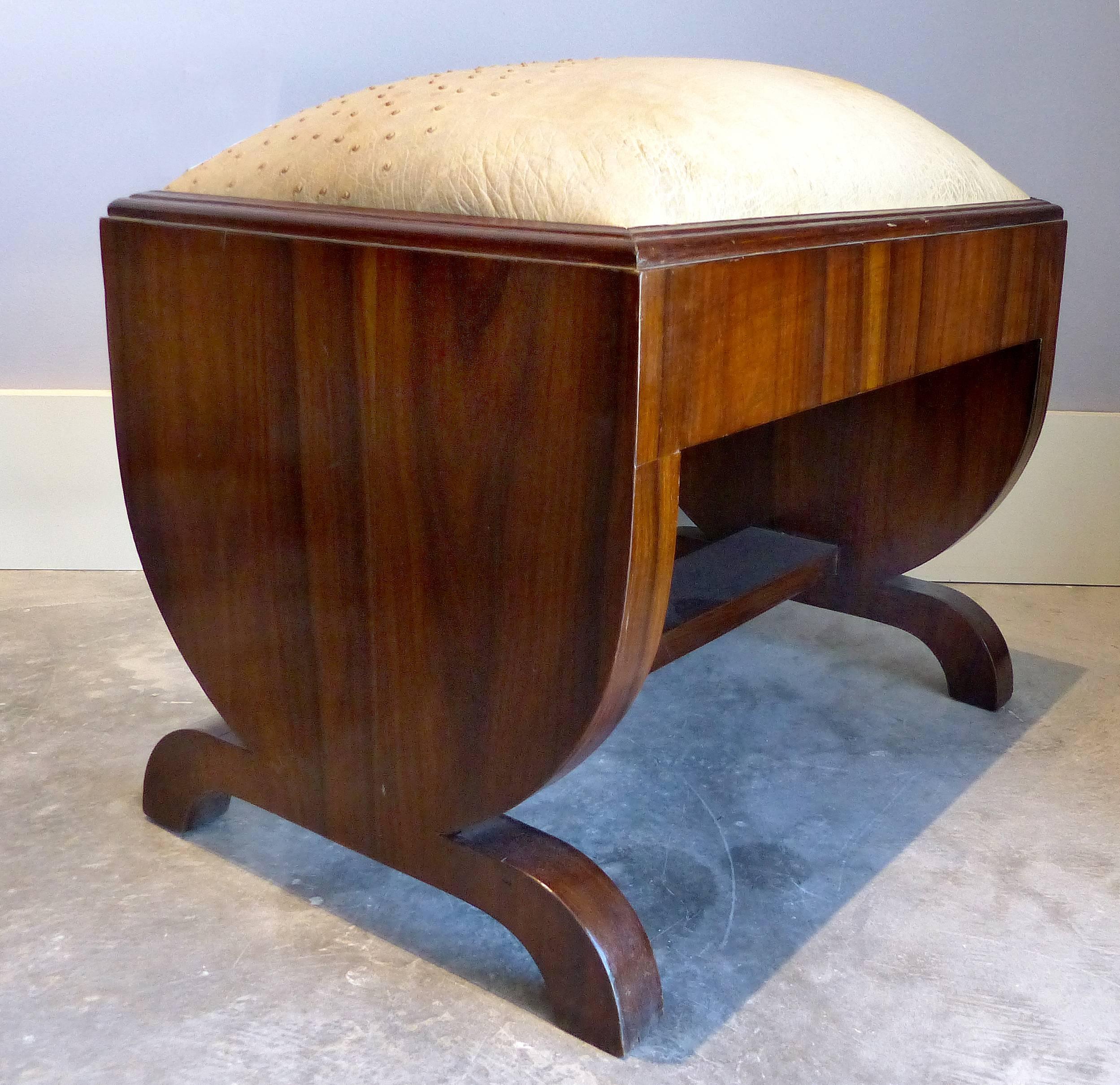 Brazilian Art Deco Mahogany Footstools with Ostrich Skin Upholstery