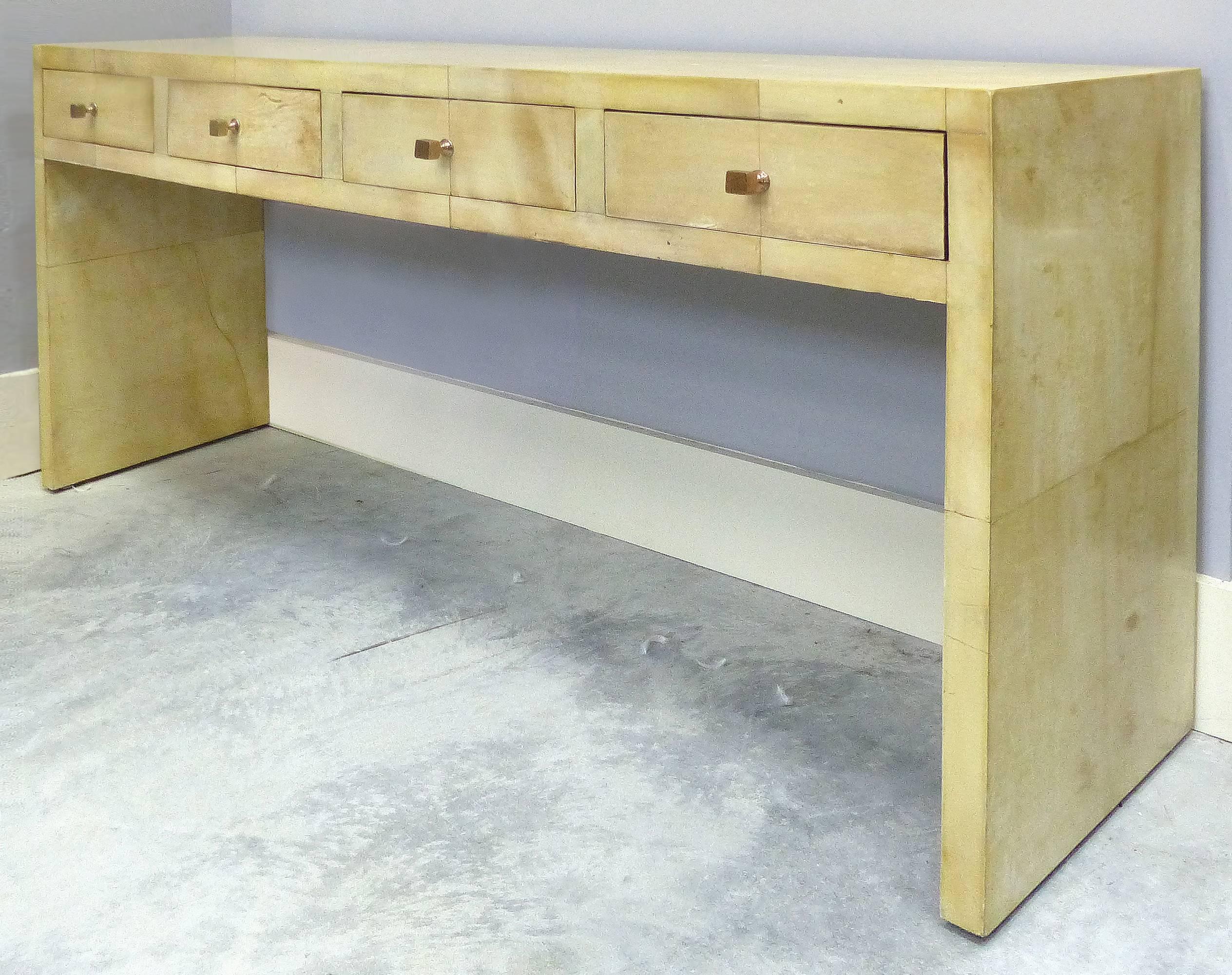 Unknown Goatskin Clad Wood Four-Drawer Console Tables with Hammered Copper Handles