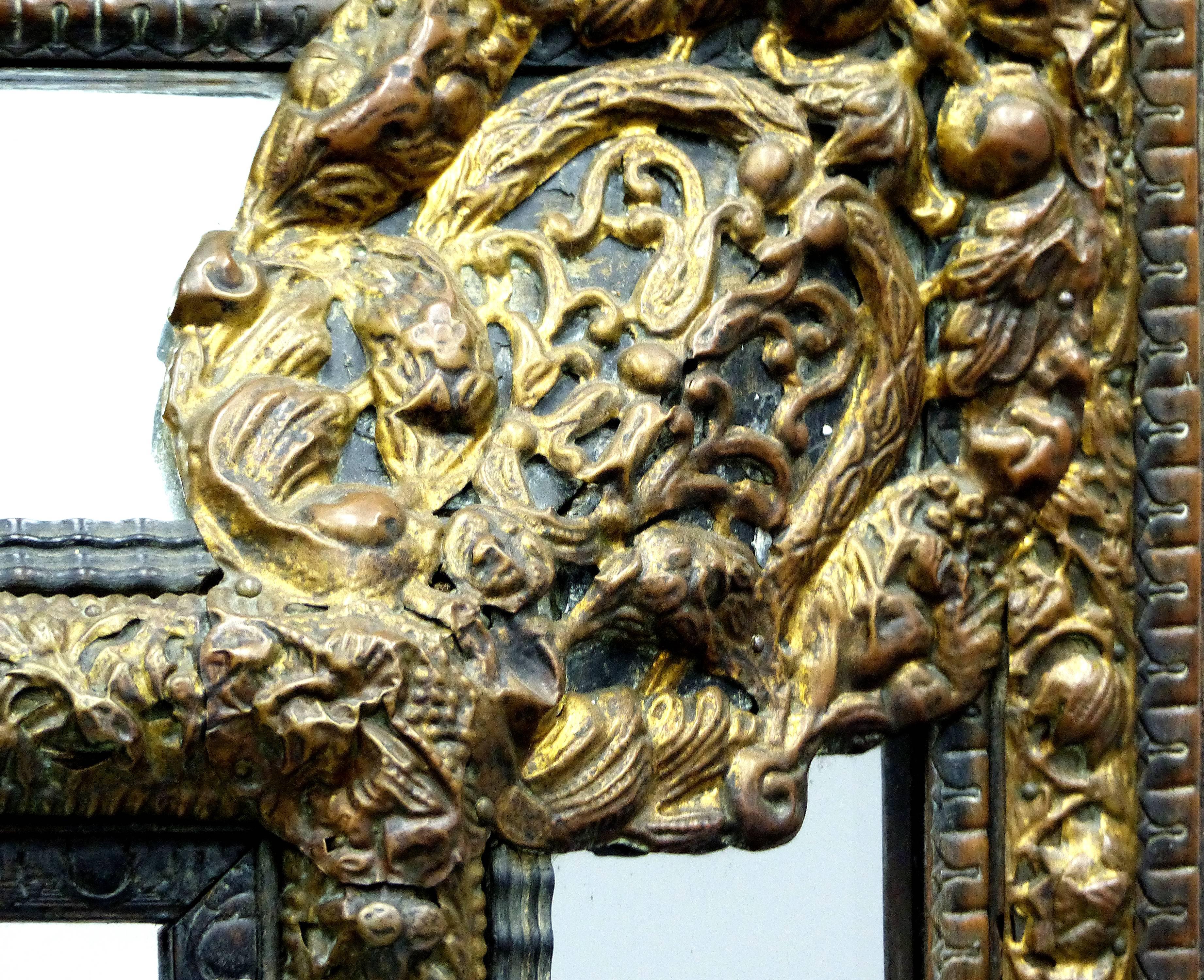 Repoussé 18th Century Bronze Dutch Mirror with Floral Reppousse Pattern