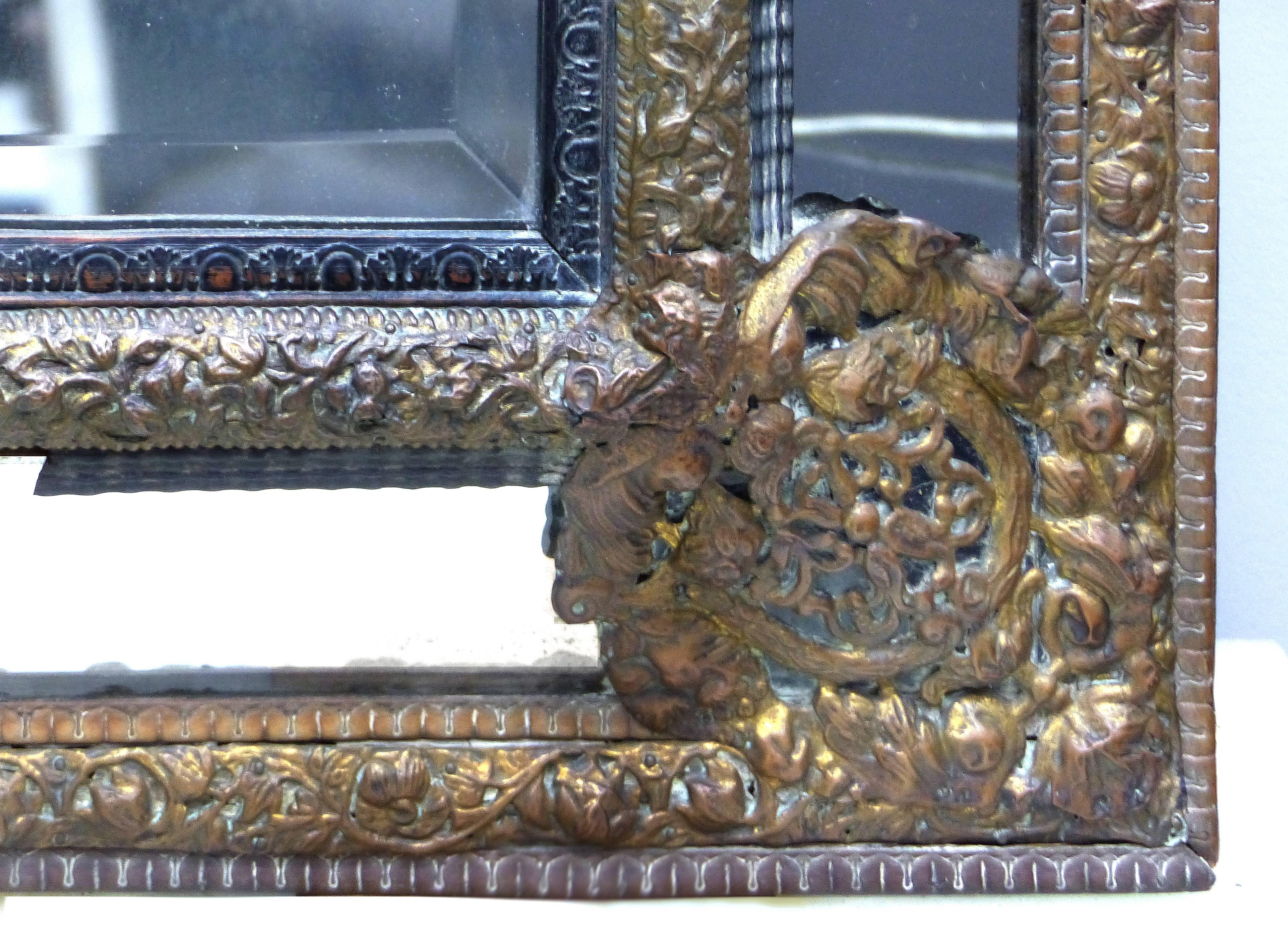 18th Century Bronze Dutch Mirror with Floral Reppousse Pattern 1