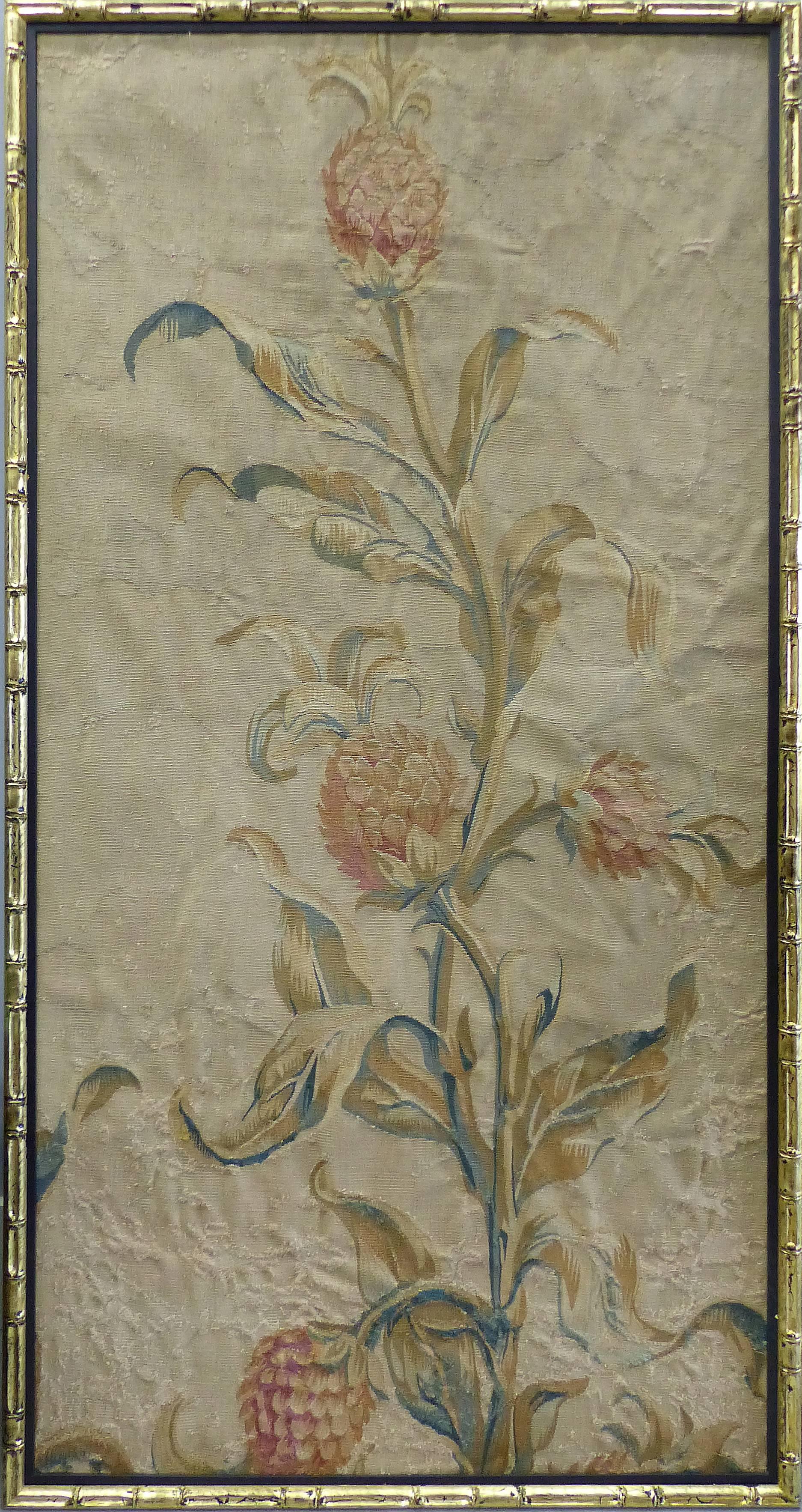 18th Century Floral Aubusson Panels, Set of Three

A triptych of three 18th century European Aubusson floral panel tapestries typically referred to as portaniers. The panels relate and compliment one another with graceful floral designs. Displayed