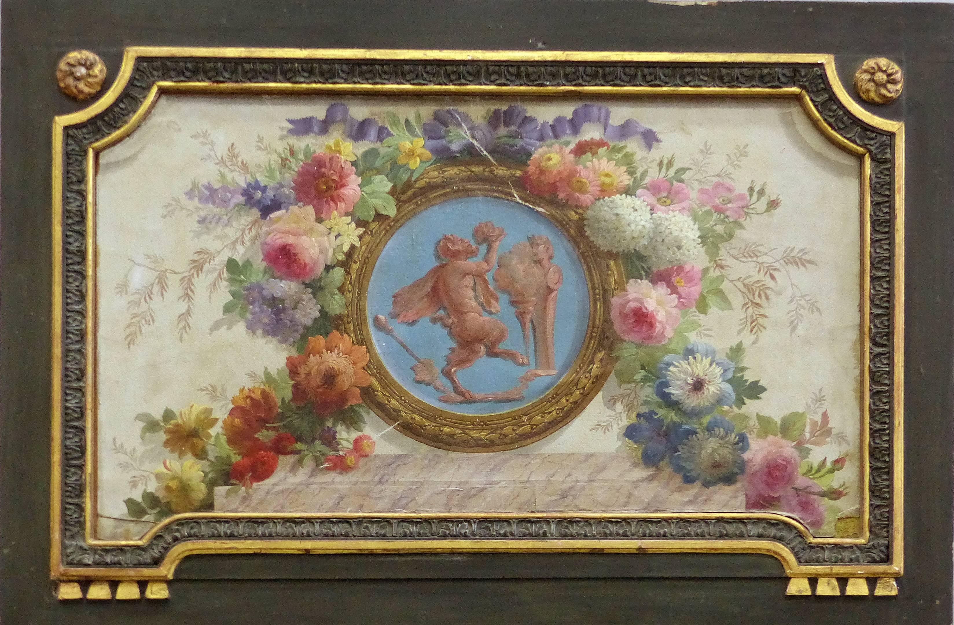 Monumental French Hand-Painted Trumeau Mirrors, Pair

A large and substantial pair of painted French trumeau mirrors with painted panels which depict bacchanalia fauns with a floral wreath surrounding them. The frames are poly-chromed with a green