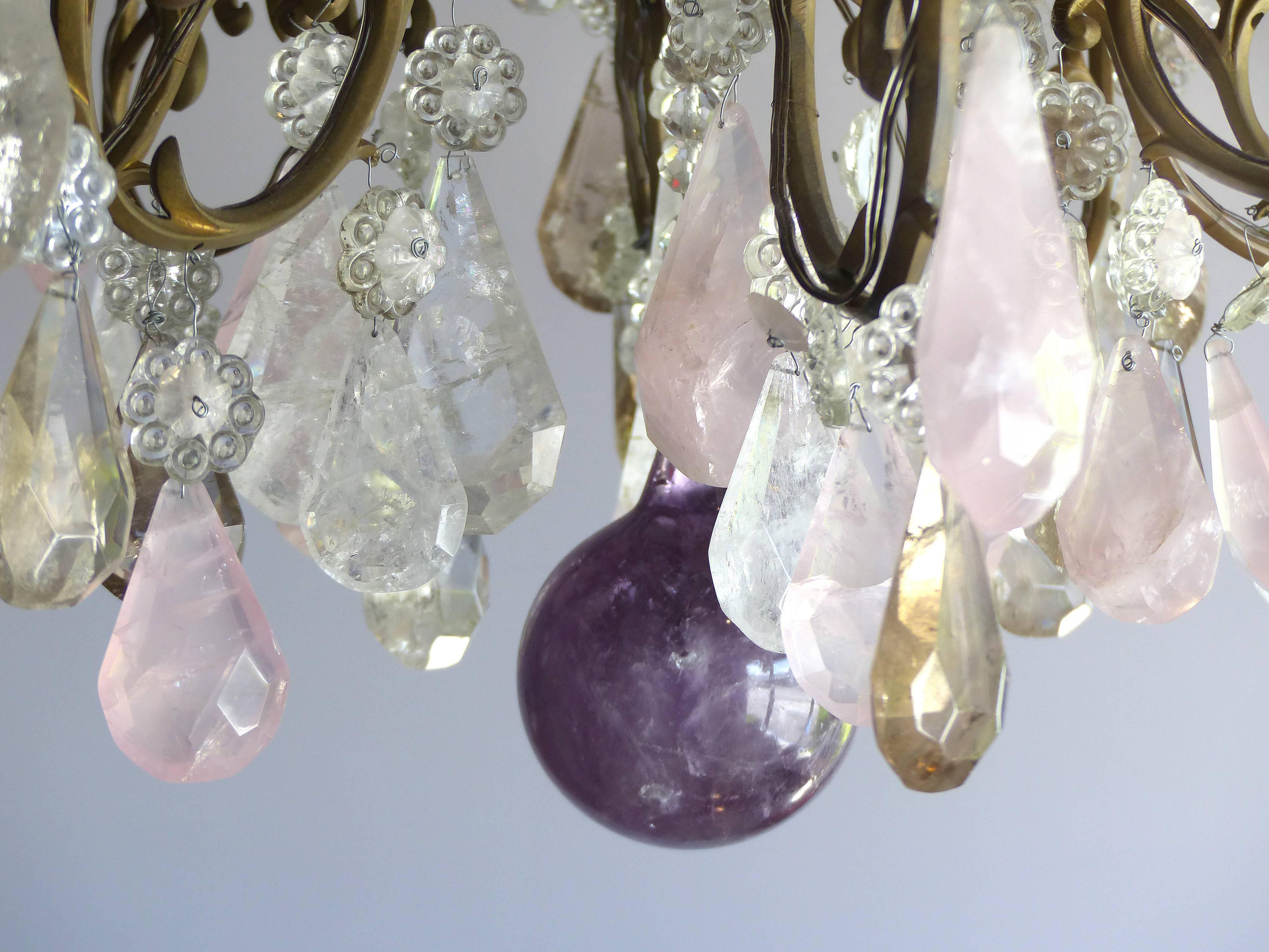 19th Century French Amethyst Quartz, Rock Crystal and Rose Quart Chandelier In Good Condition In Miami, FL