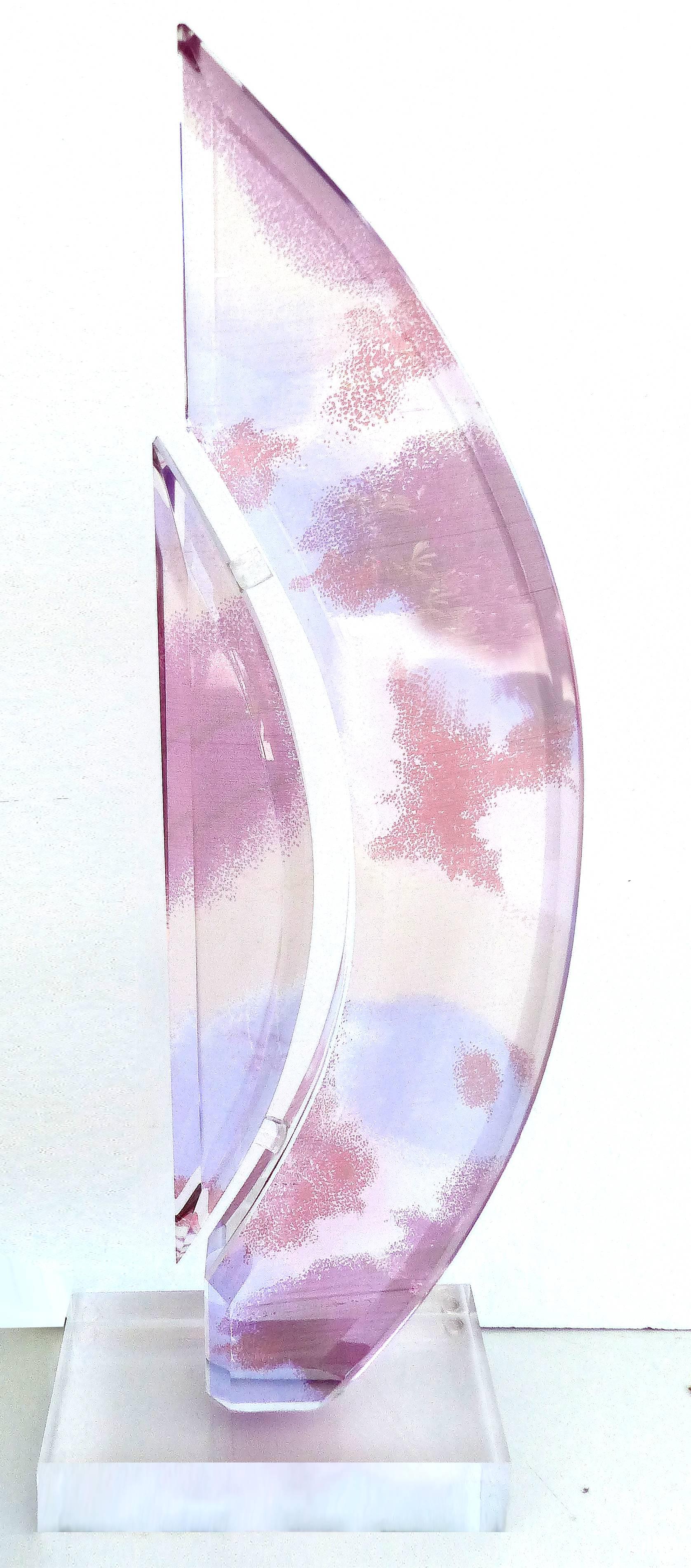 Offered for sale is a large custom-made Lucite abstract sculpture with infused color. Base, 10.25