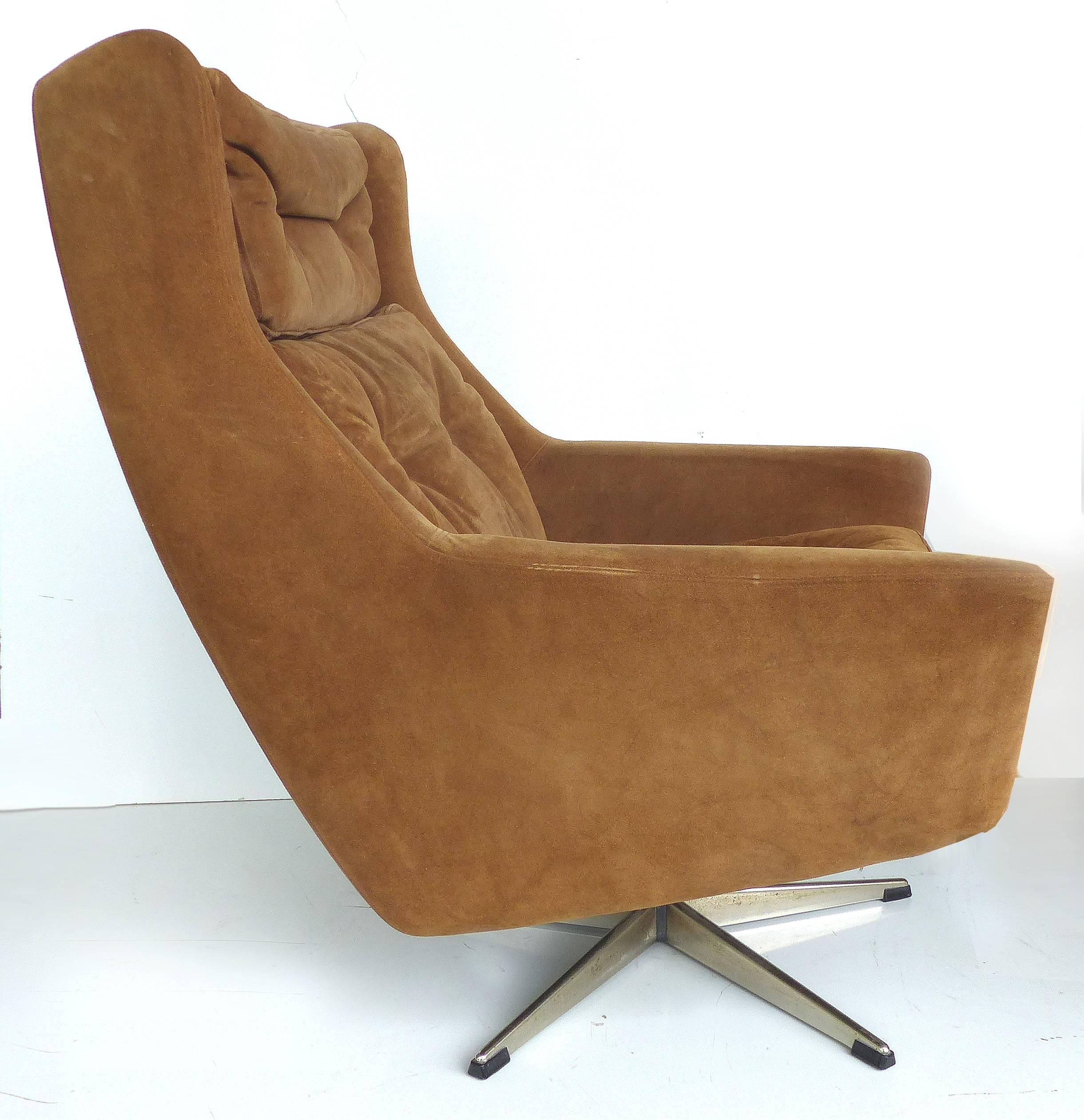 20th Century Danish Mid-Century Suede Swivel Chair with Ottomans from John Stuart