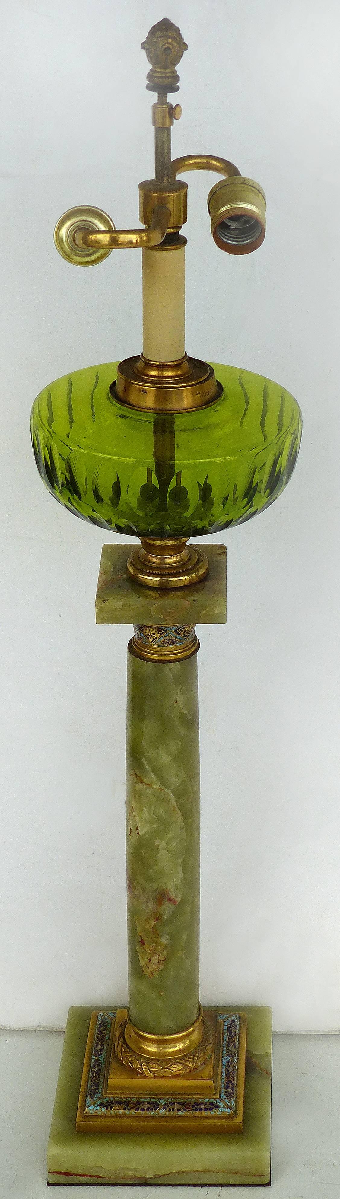 19th Century Onyx and Cloisonne Converted Banquet Oil Table Lamp

Offered for sale is an elegant circa 1880s, French onyx and cloisonne oil lamp that has been converted to an electrified banquet table lamp. The lamp has a green glass well which is