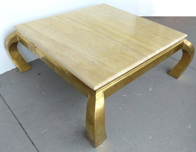 Mid Century Modern Karl Springer Style Br And Travertine Coffee Mid Century Modern Karl Springer Style Br And Travertine Coffee Table In Good Condition For