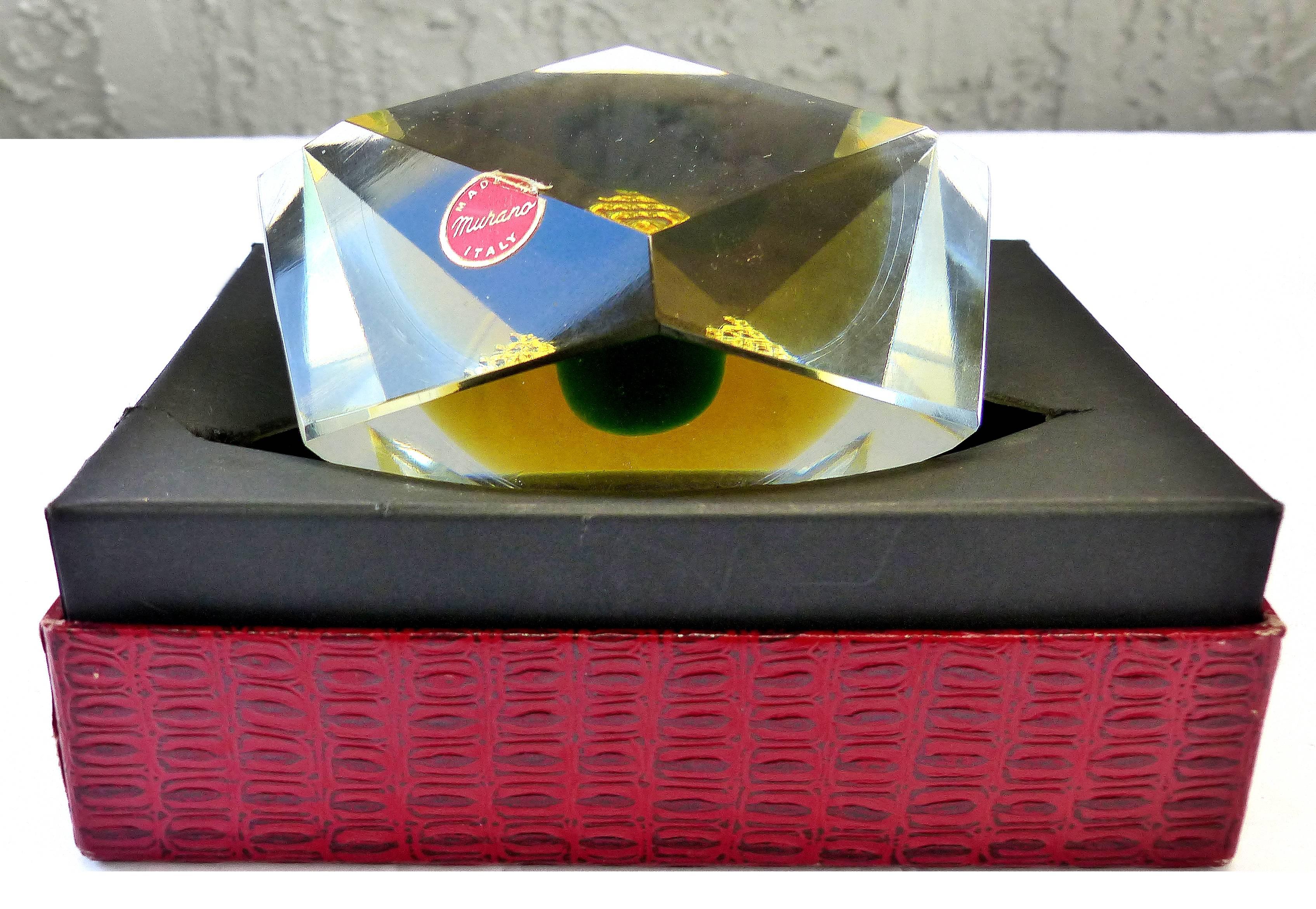 Hand-Crafted Murano Glass Brilliant-Cut Diamond Form Object D'art Paperweight in Box