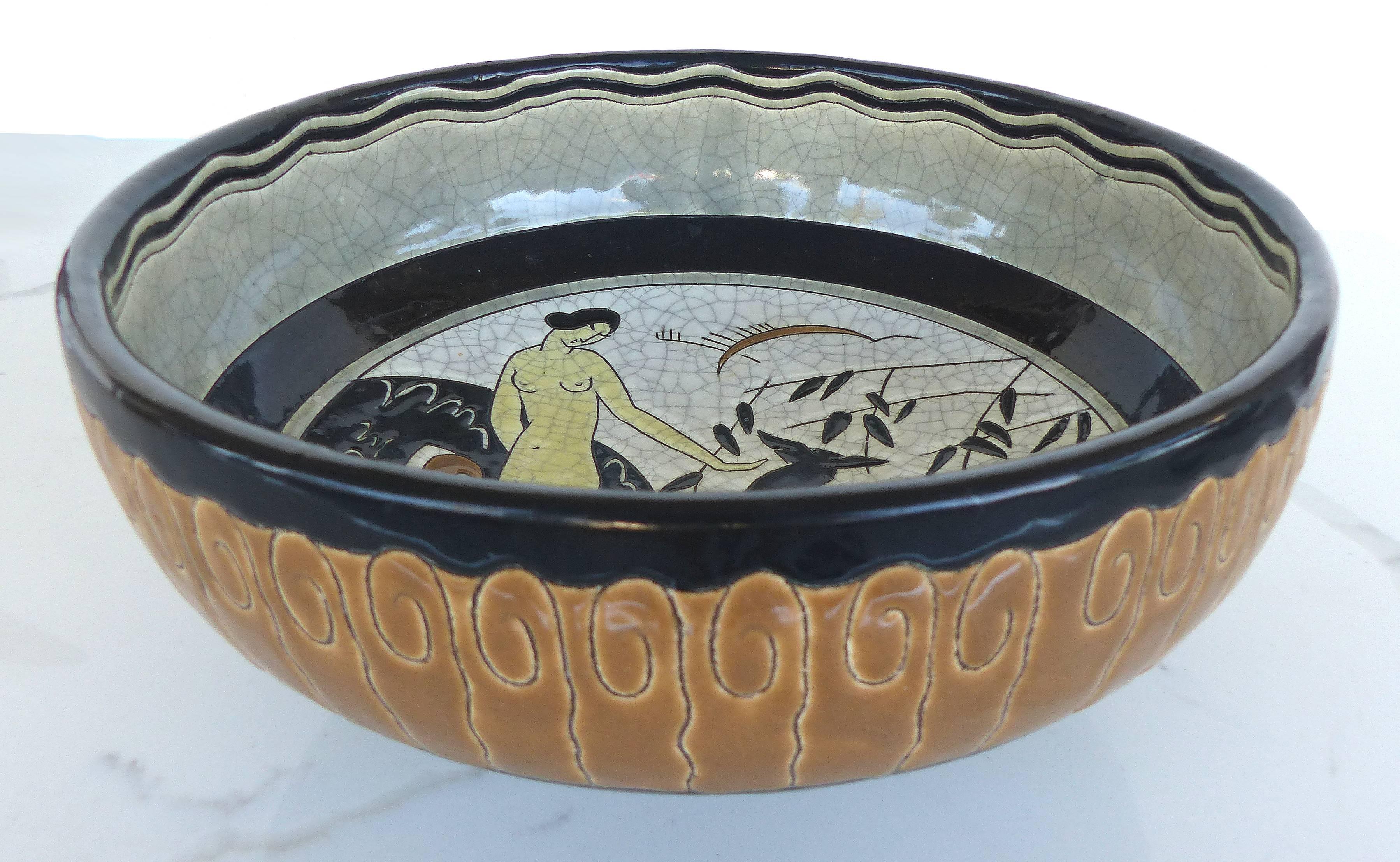 Longwy Primavera Art Deco footed bowl

Offered for sale is a French Art Deco enamel glazed ceramic footed bowl by Longwy (France) from the Primavera period while the factory was under the direction of Rene Buthaud. This lovely bowl depicts a pair
