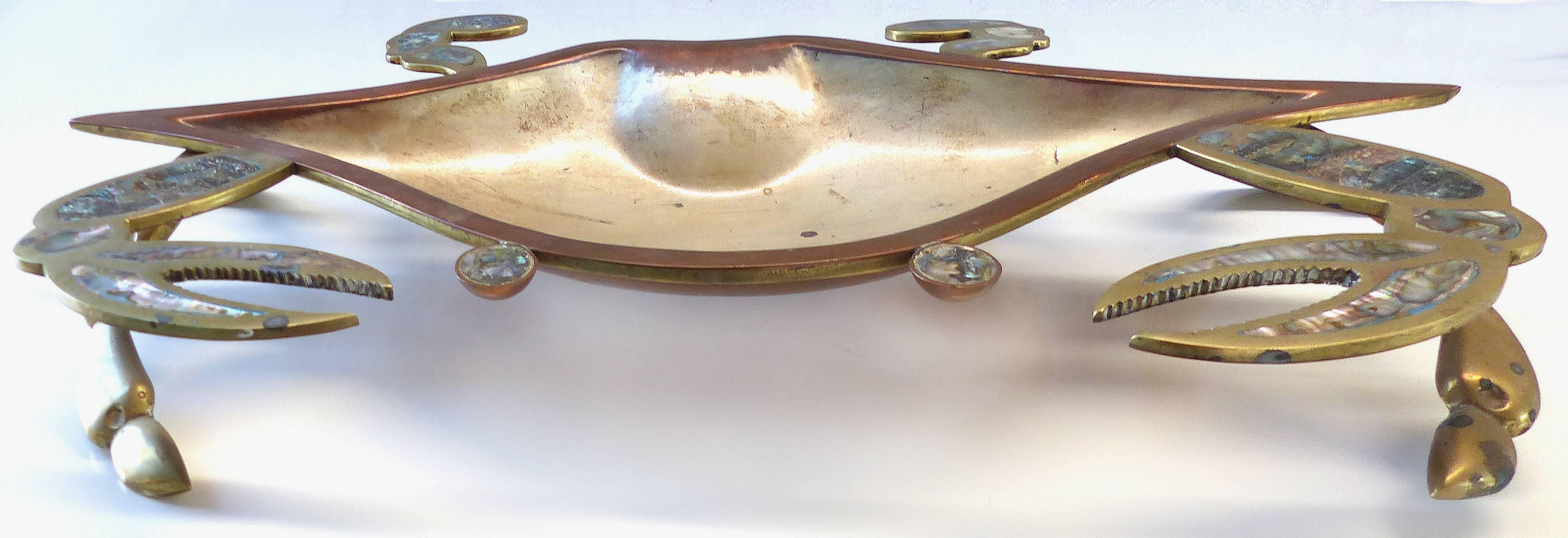 Monumental Los Castillos Style Abalone Metal Crab Bowl with Two Side Dishes In Good Condition In Miami, FL