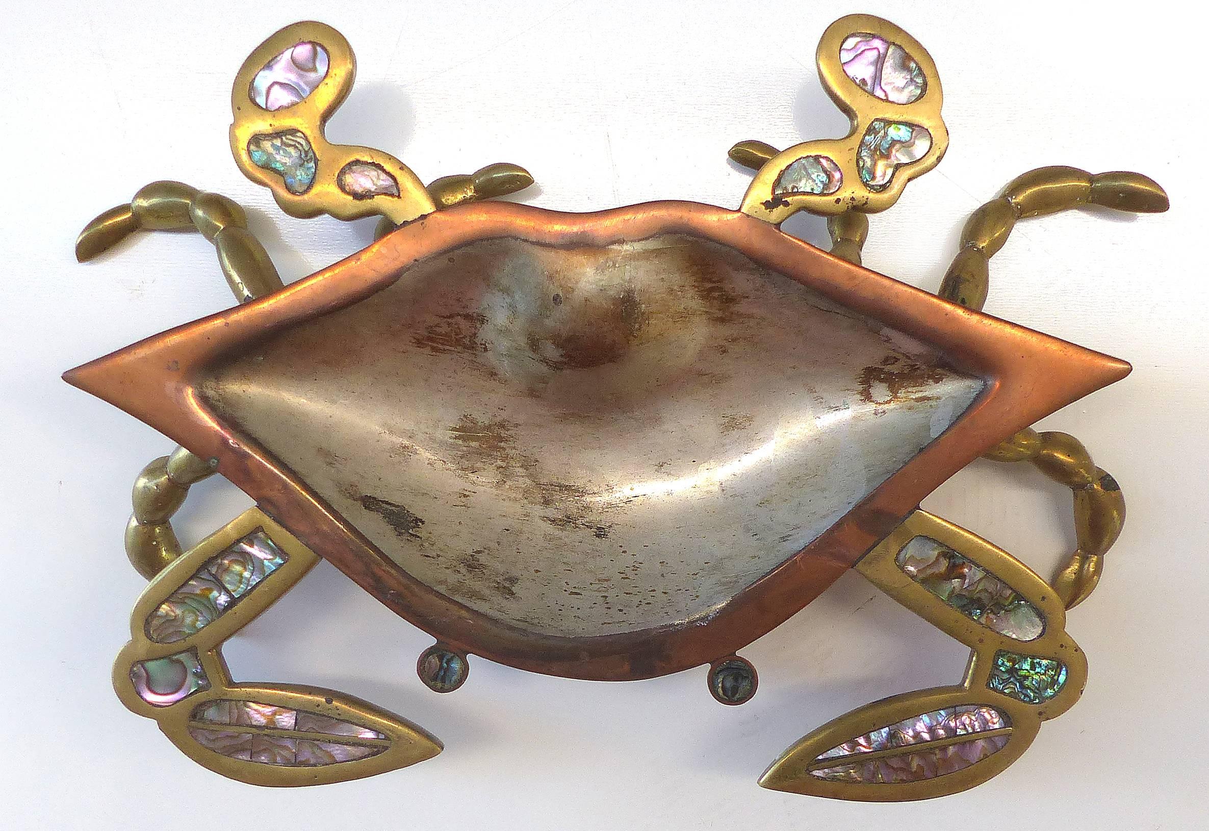 Mid-Century Modern Monumental Los Castillos Style Abalone Metal Crab Bowl with Two Side Dishes