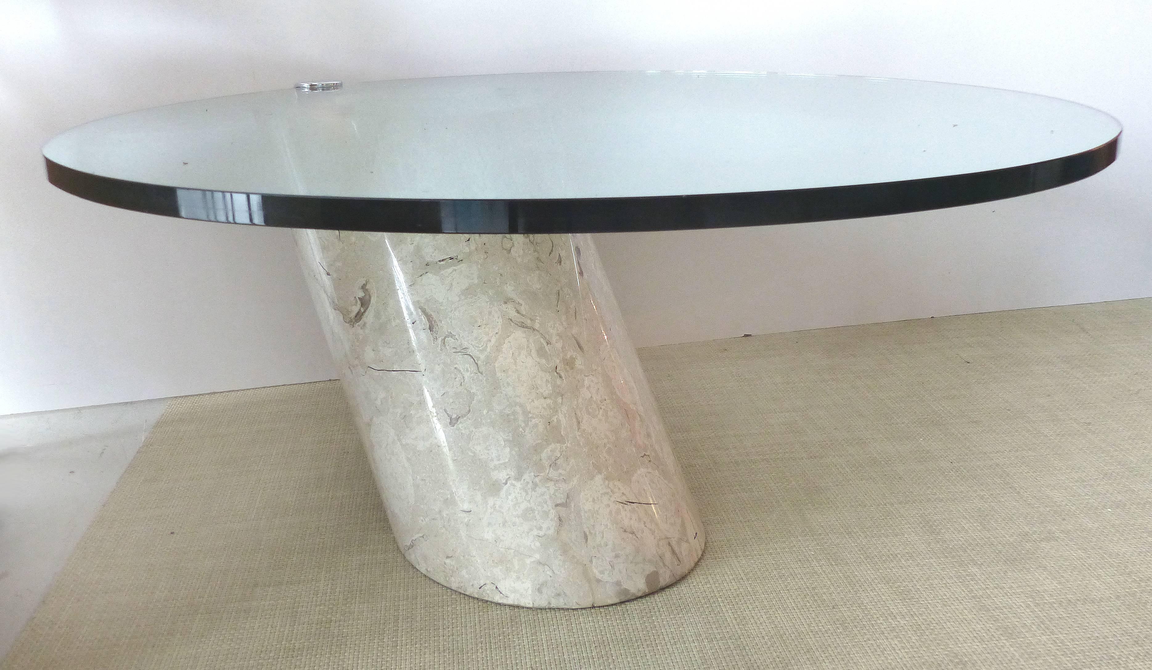 Mid-Century Modern Cantilever Travertine and Round Glass Coffee Table by Brueton