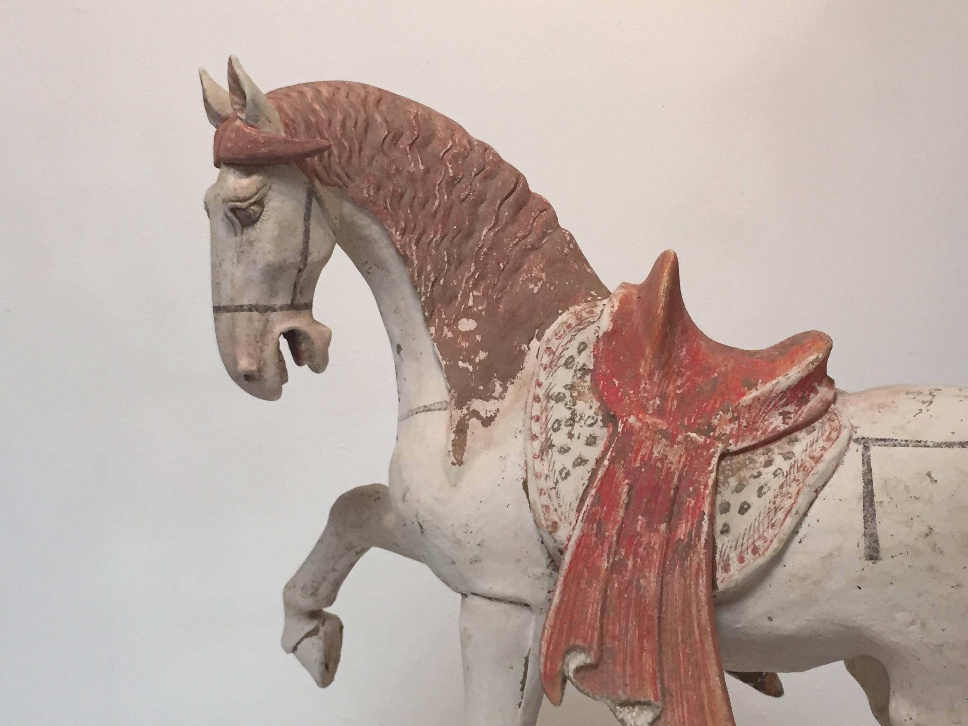 Pair of 8th Century Tang Dynasty Prancing Horses For Sale 2