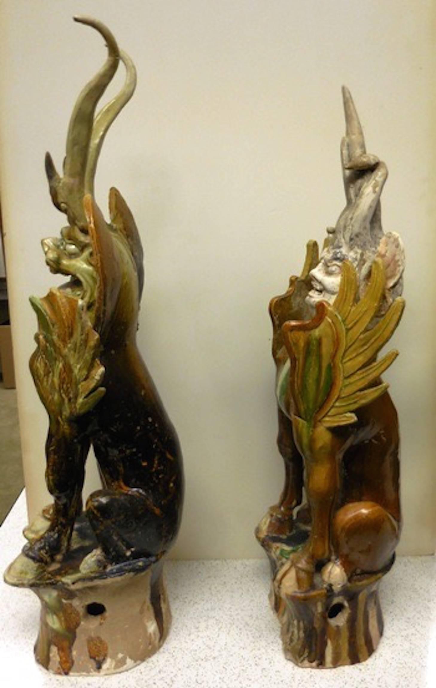 Pair of Ancient Chinese Tang Dynasty Sancai Glazed Earth Spirits In Good Condition For Sale In Los Angeles, CA