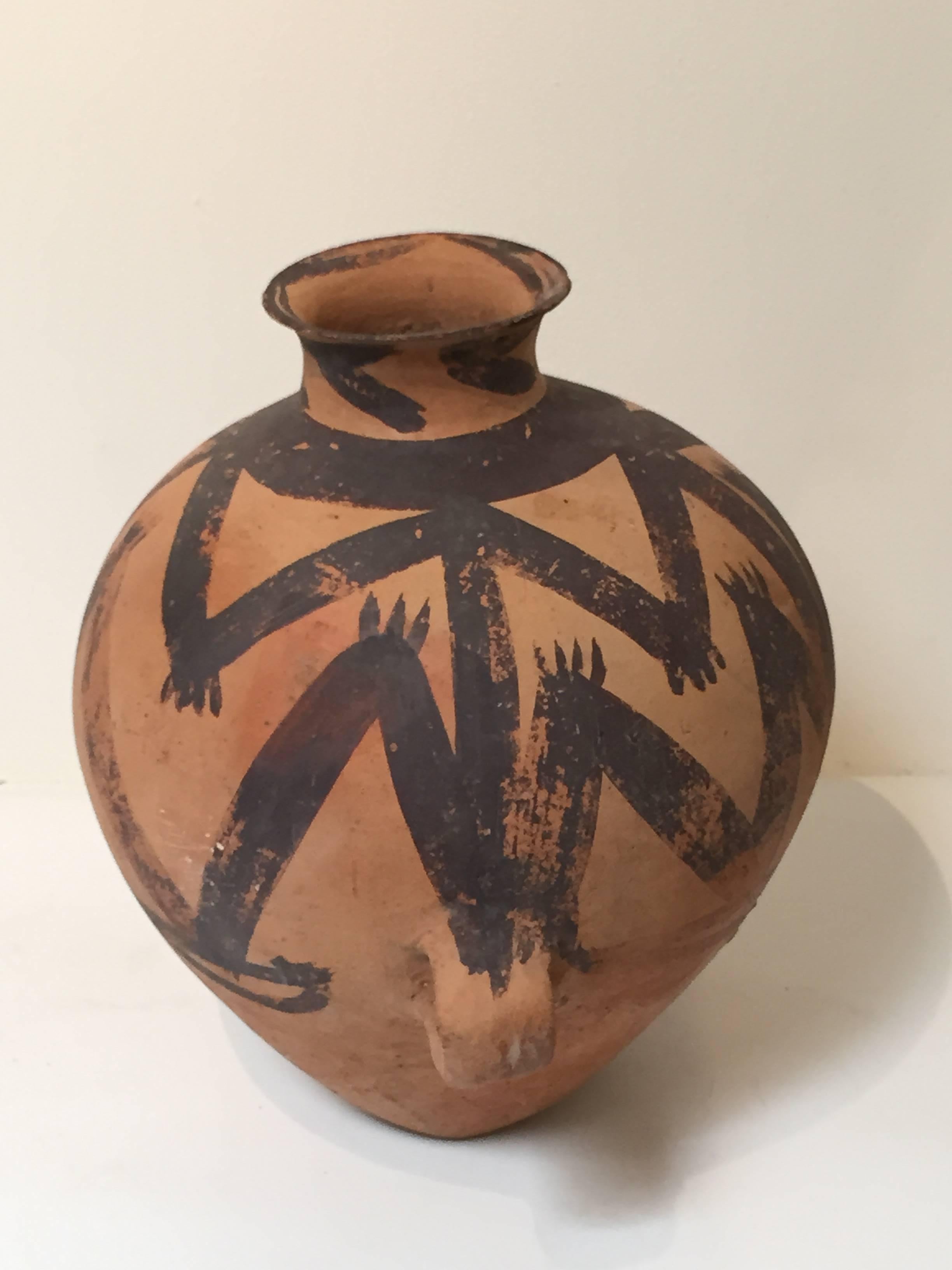 A Neolithic pot dating to the Majiayao Culture (circa 2500 BC). Machang type.
All natural pigments with a frog pattern design.