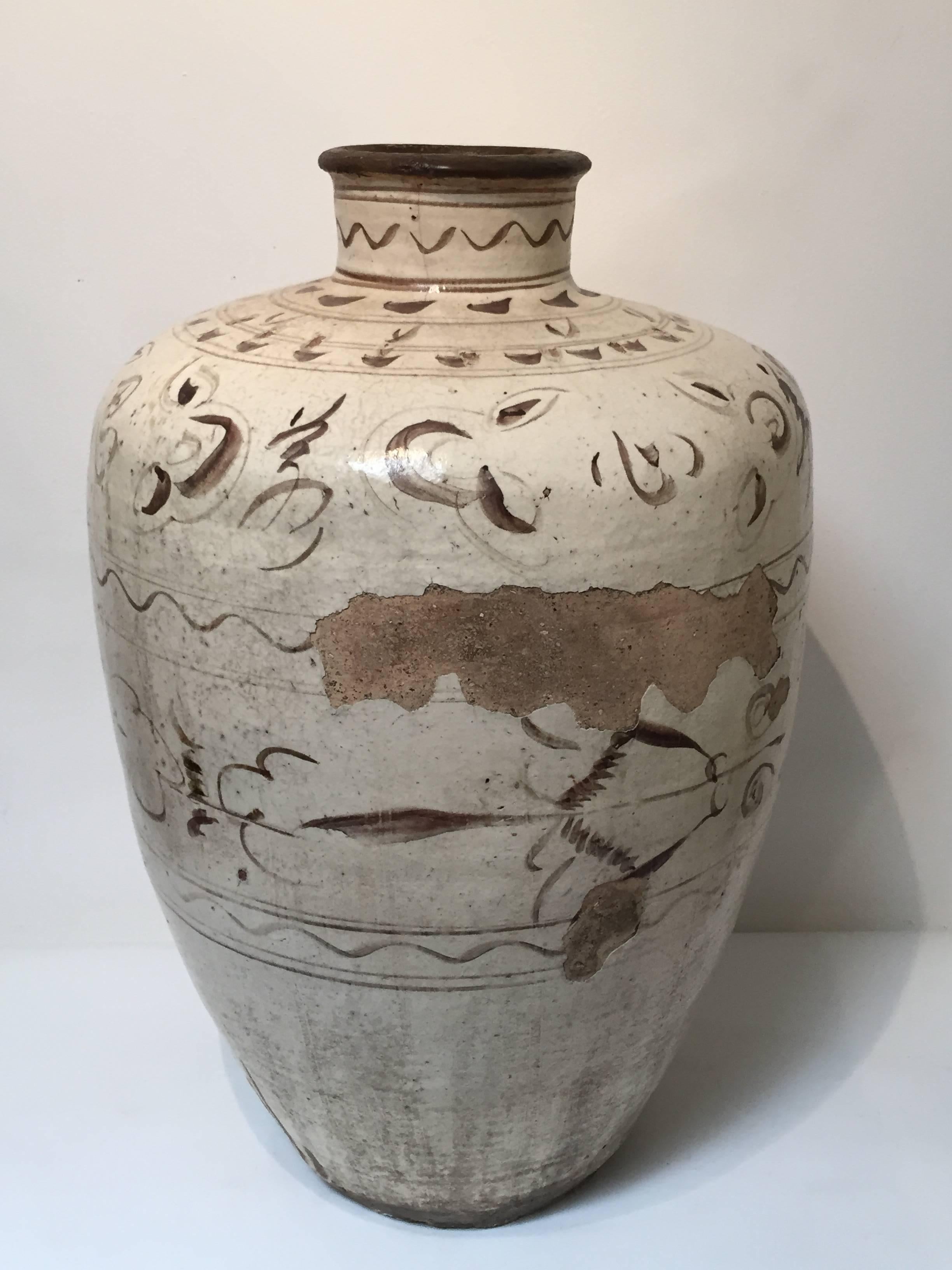 Pottery Large 14th Century Large Chinese Ceramic Wine Storage Jar