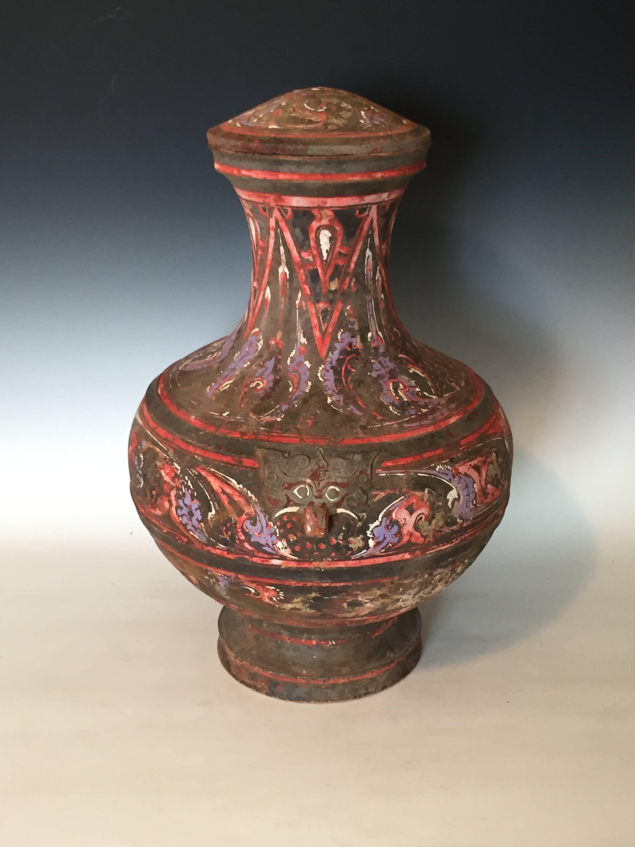 18th Century and Earlier Pair of Large Han Dynasty Painted Pottery Jars and Covers  For Sale