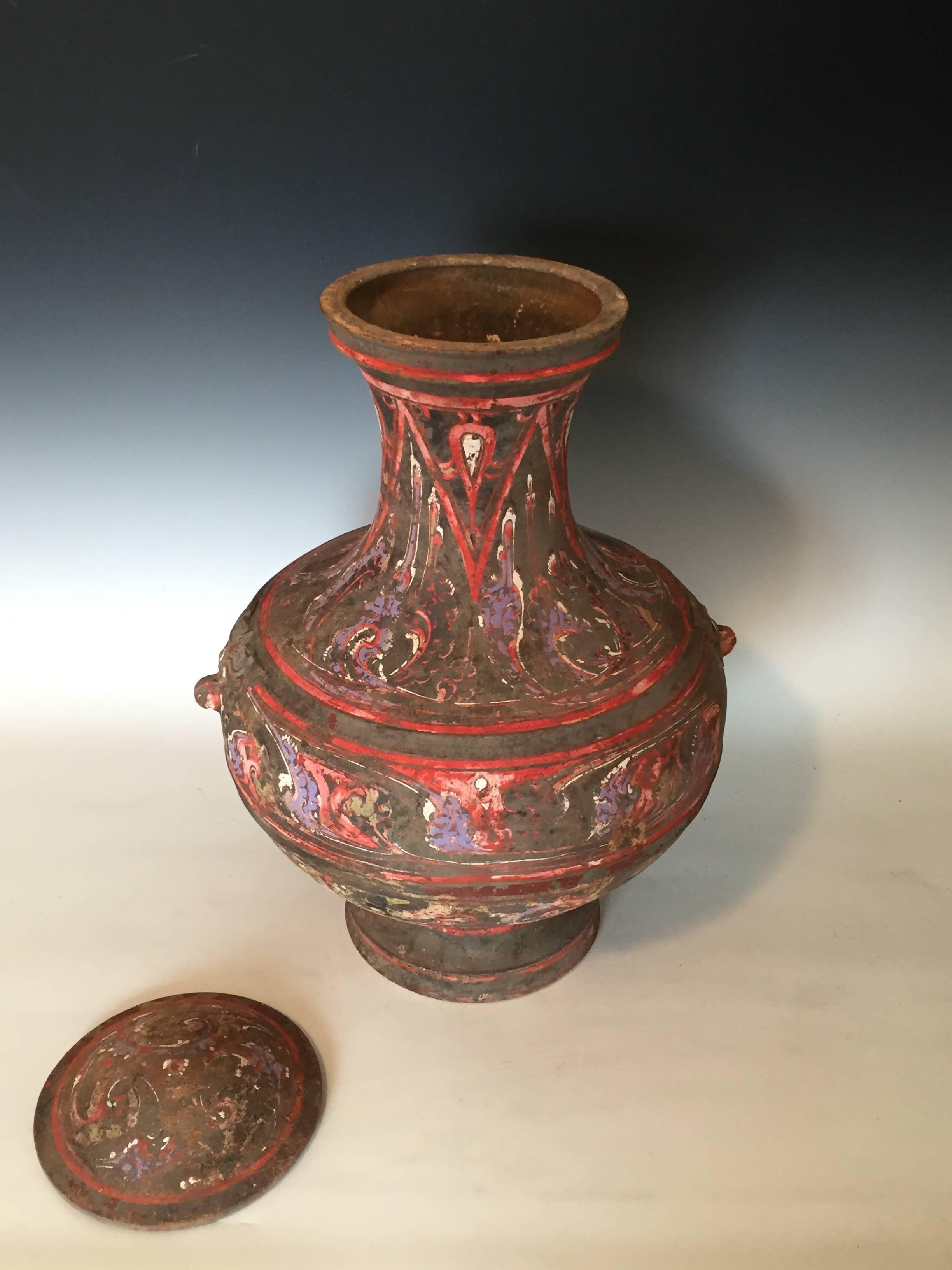 Pair of Large Han Dynasty Painted Pottery Jars and Covers  For Sale 1