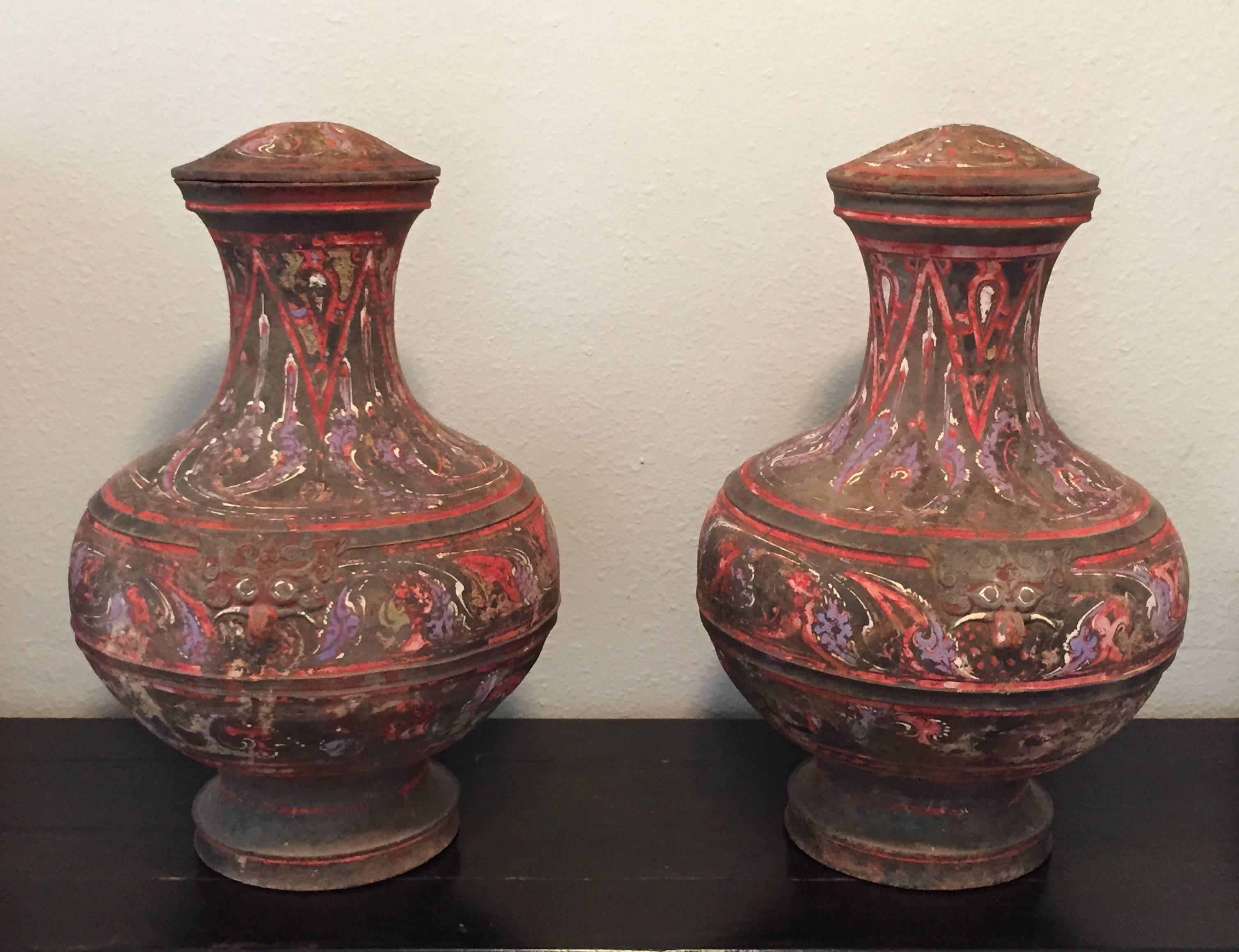 Chinese Pair of Large Han Dynasty Painted Pottery Jars and Covers  For Sale
