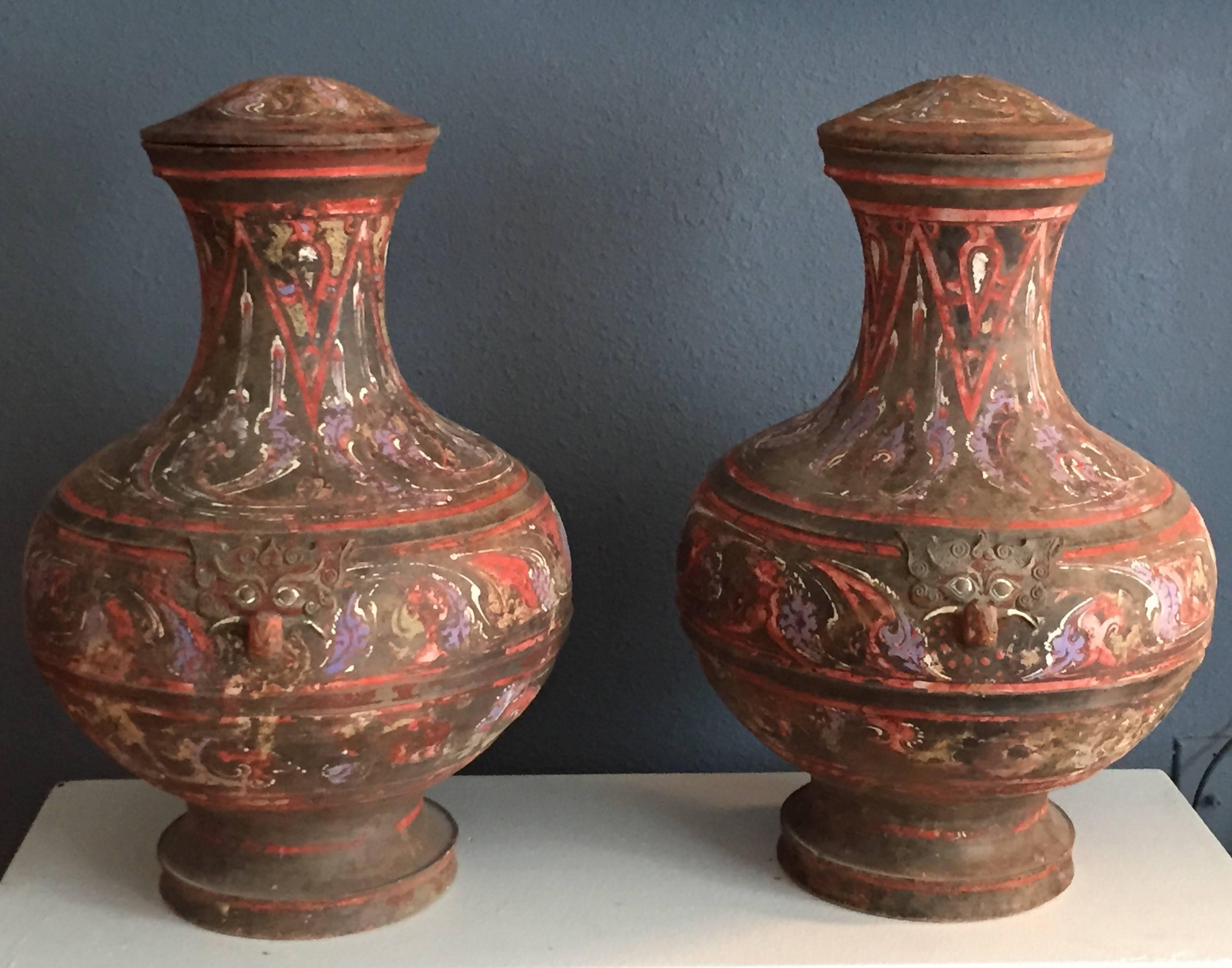 Pair of Large Han Dynasty Painted Pottery Jars and Covers  For Sale 4