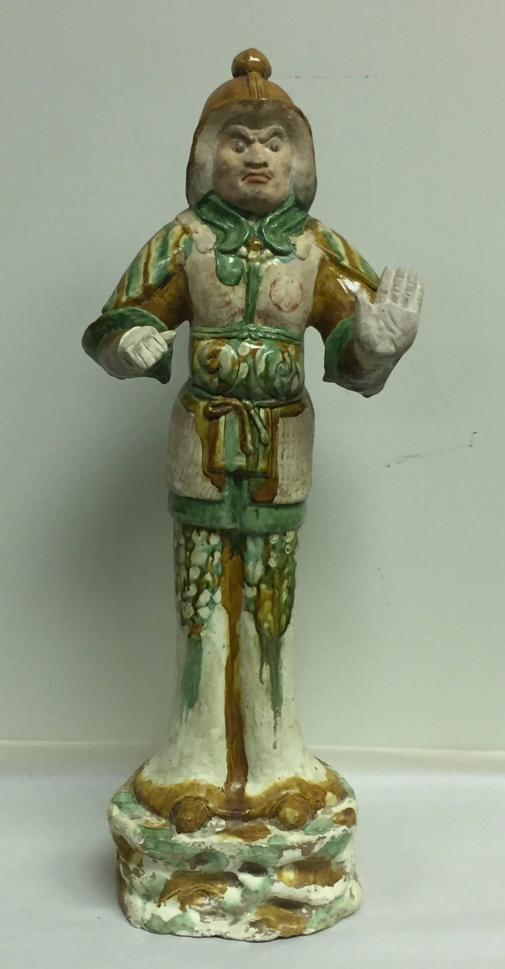 18th Century and Earlier Antique Sculpture of a 8th Century Tang Dynasty Sancai Glazed Guardian Official For Sale