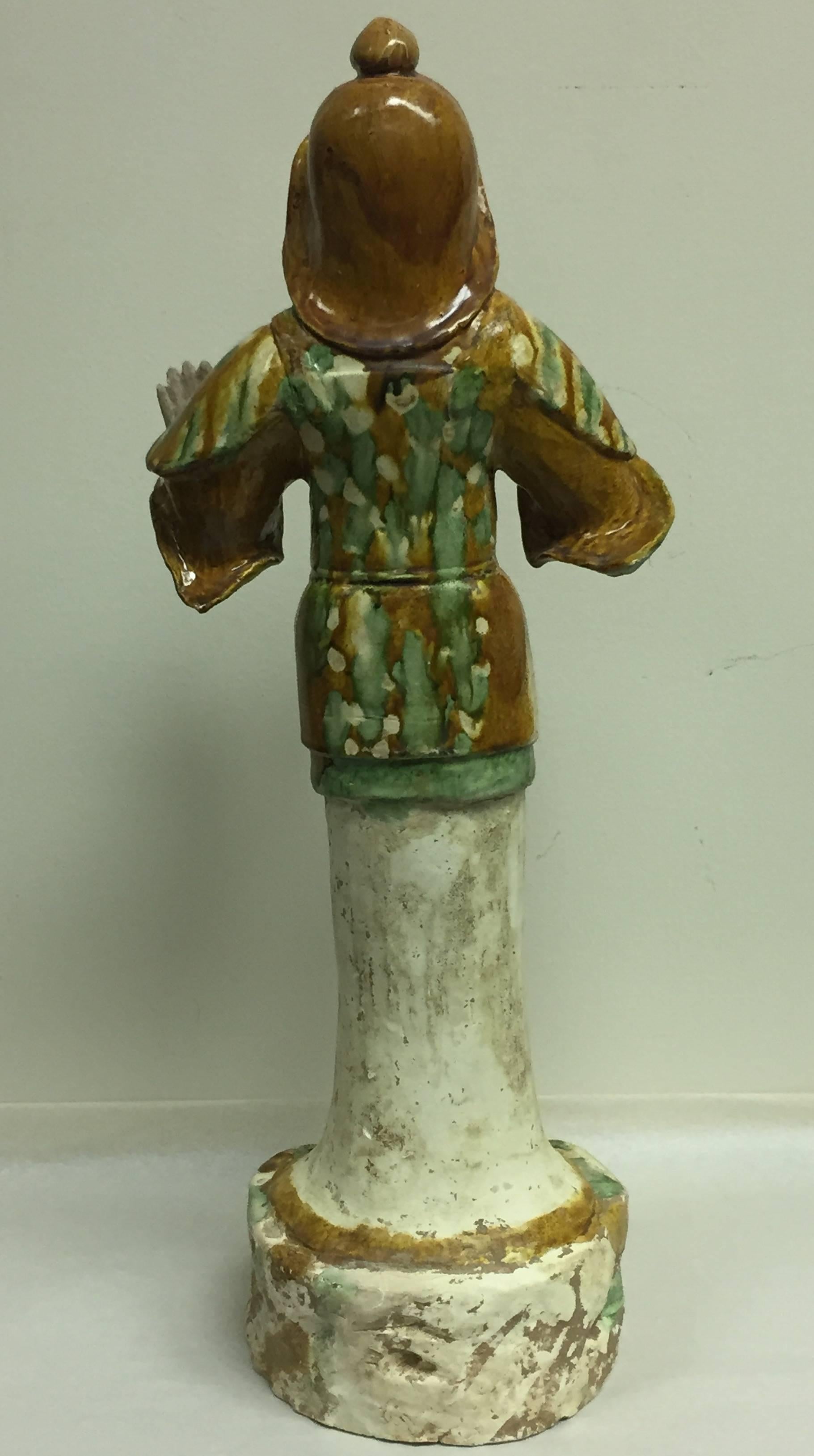 Pottery Antique Sculpture of a 8th Century Tang Dynasty Sancai Glazed Guardian Official For Sale