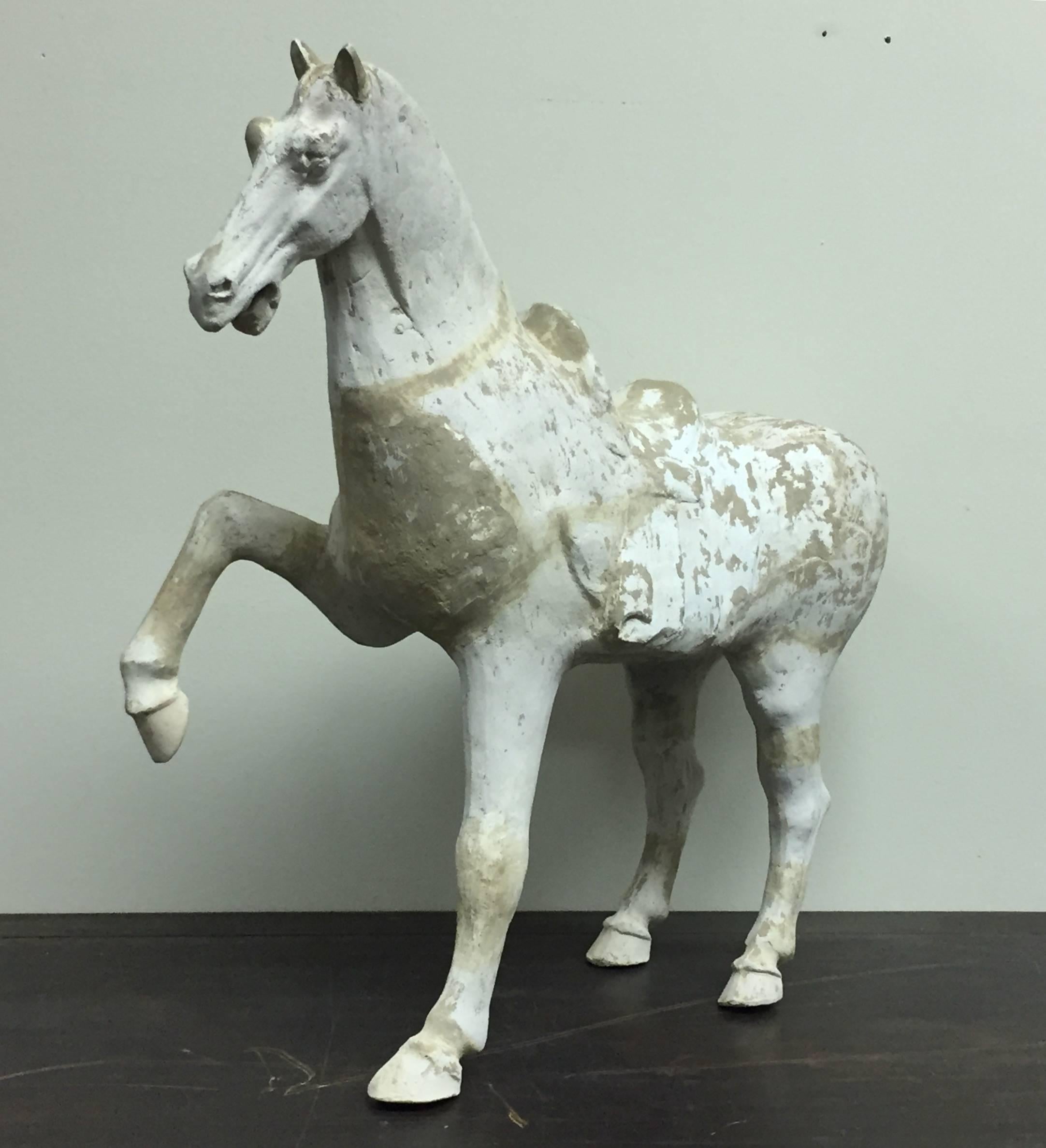 Antique Chinese Prancing Horse From The Tang Dynasty  In Fair Condition For Sale In Los Angeles, CA